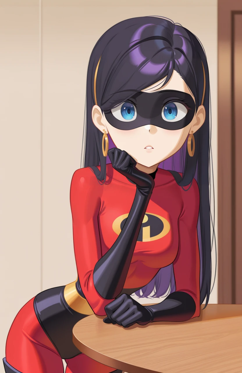 masterpiece, best quality, 1girl, solo,
<lora:Cailin020:1> cailin020,
leaning on table, one hand resting, one hand relaxed, looking at viewer, eye visible, detailed hands, medium shot, casual expression, <lora:VioletParr_NAI:1> violet parr, superhero costume, bodysuit, mask