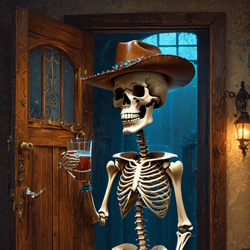 A playful, surreal illustration of a skeleton with intricate bone detailing, wearing a classic cowboy hat and a colorful speedo. The skeleton is striking a mischievous pose, peeking out from behind a slightly ajar wooden door. One bony hand forms a 'V' sign while the other holds a frosty drink with a tiny umbrella, condensation visible on the glass. The background is dimly lit with a soft, warm glow filtering through the room, creating subtle shadows on the skeleton’s form. The atmosphere is humorous yet eerie, with a focus on the detailed textures of the bones, the fabric of the speedo, and the rustic wood of the door. The composition captures a lighthearted, cheeky vibe, blending elements of dark humor and whimsy.