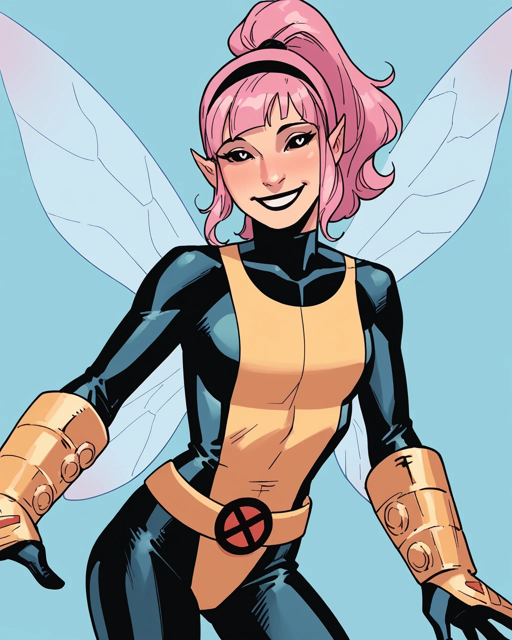 score_9, score_8_up, score_7_up, score_6_up, masterpiece, best quality, zPDXL3, zPDXLxxx, <lora:Kris_Anka_Style:1> krisanka, <lora:Pixie_Marvel:0.8> megangwynn, pink hair, pointy ears, bodysuit, belt, gloves, bracers, fairy wings, pixie wings, white pupils, black eyes, smile, headband, ponytail,