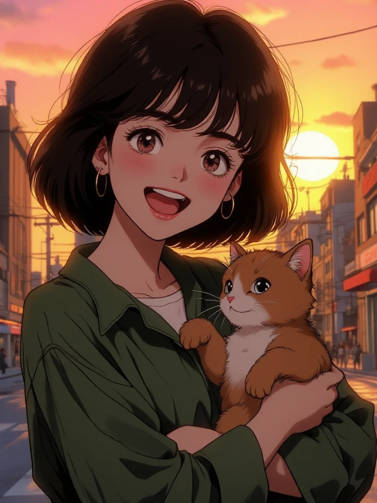 a joyful woman holding a cat in a street at sunset <lora:80sAnime:0.9> 80sanime