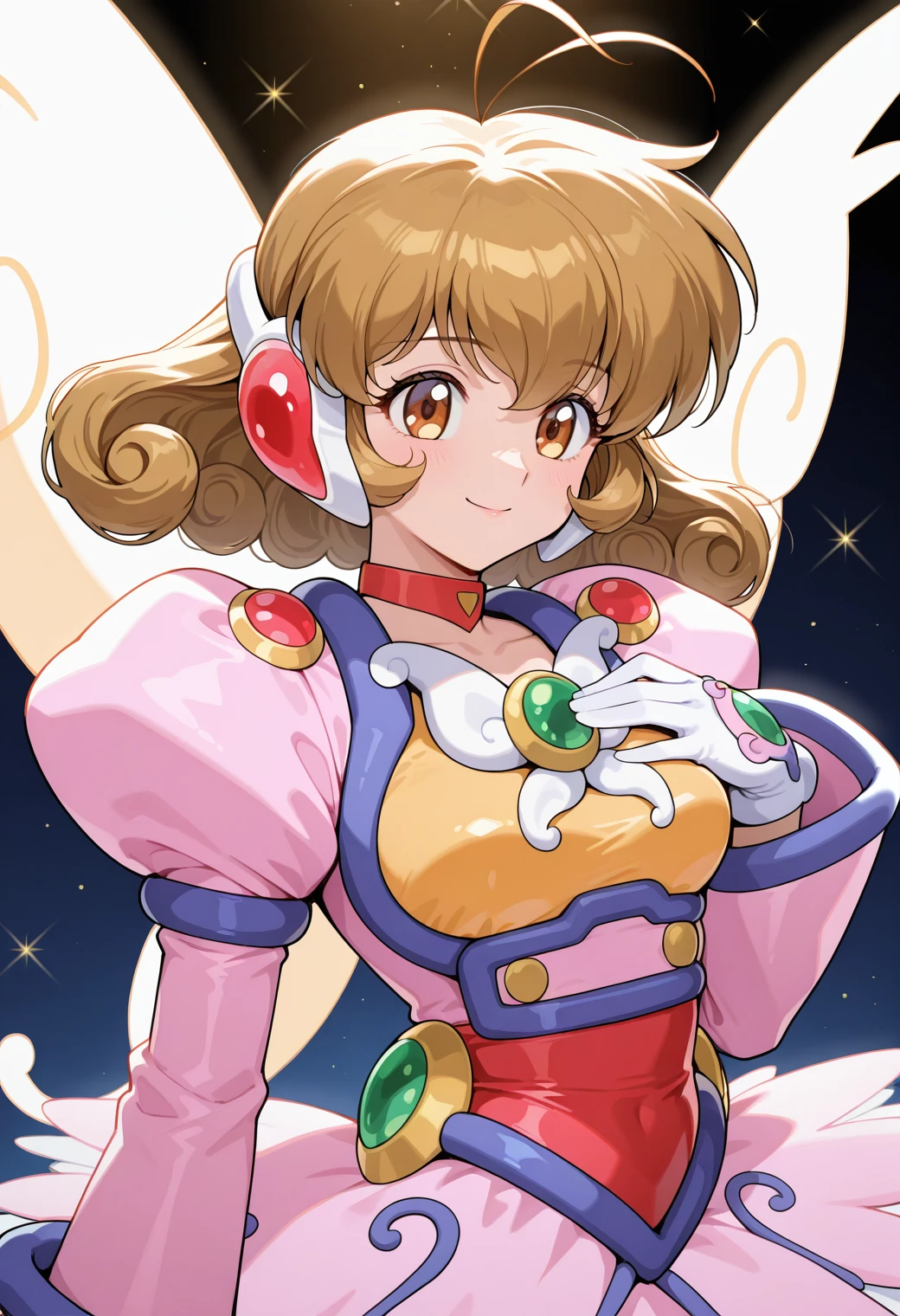 masterpiece, best quality, very aesthetic, absurdres, 1girl, solo,
<lora:corrector_yui_advanced_v01:1>, corrector_yui, advanced_element_suit, brown hair, short hair, antenna hair, curly hair, breasts,
headphones, red choker, pink dress, long sleeves, puffy sleeves, brooch, butterfly wings, white gloves, pink miniskirt, smile, hand on own chest, upper body