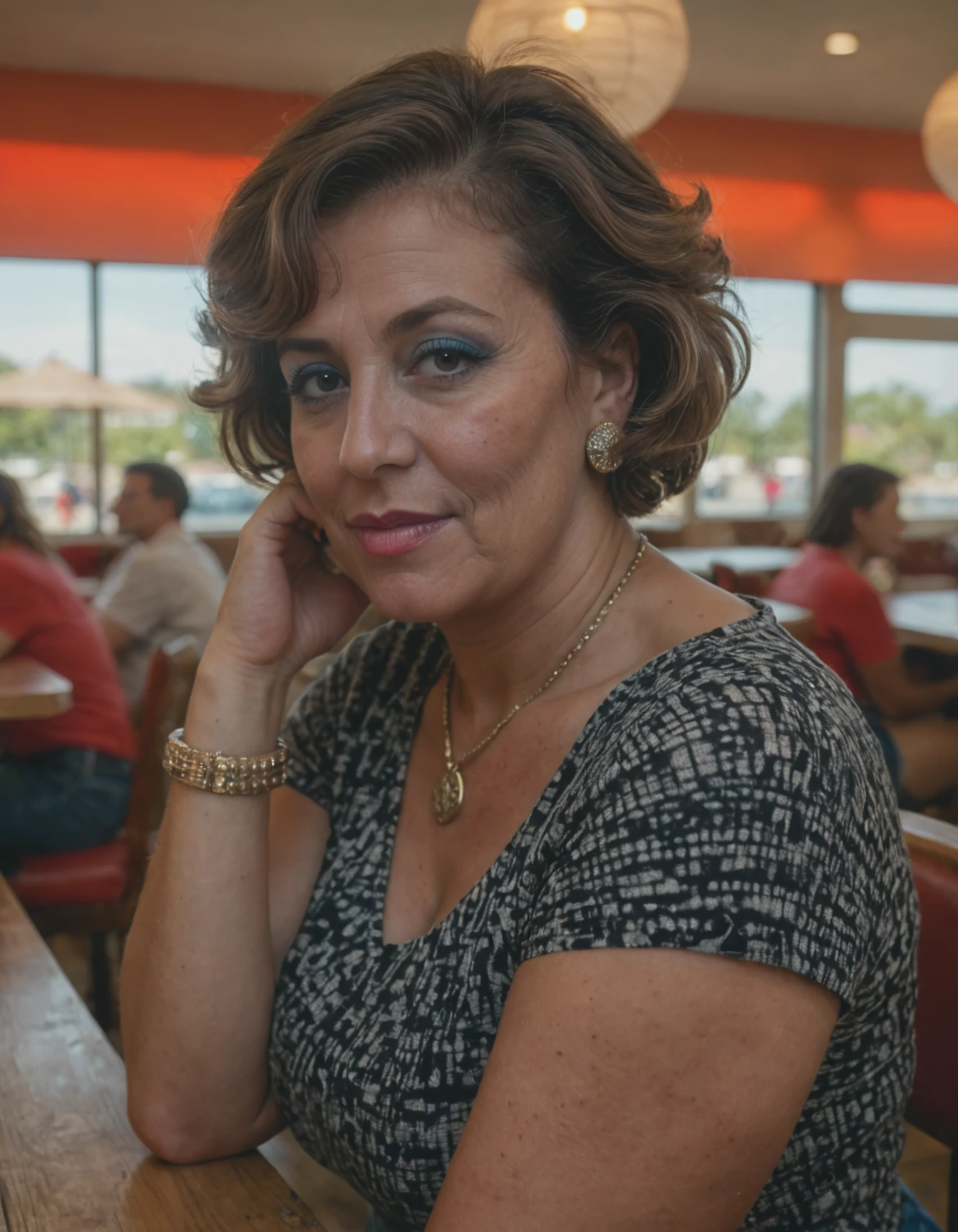 score_9, score_8_up, score_7_up, source_photo, Piper HOWELL, italian-indian mature woman, fat, cellulitis, short hair, make up, lipgloss, eyeliner, earrings, necklace, bracelets, black pattern clothes, looking at viewer, flirty, sitting, restaurant, side view, close up, sharp focus, depth of field, natural lighting, global illumination