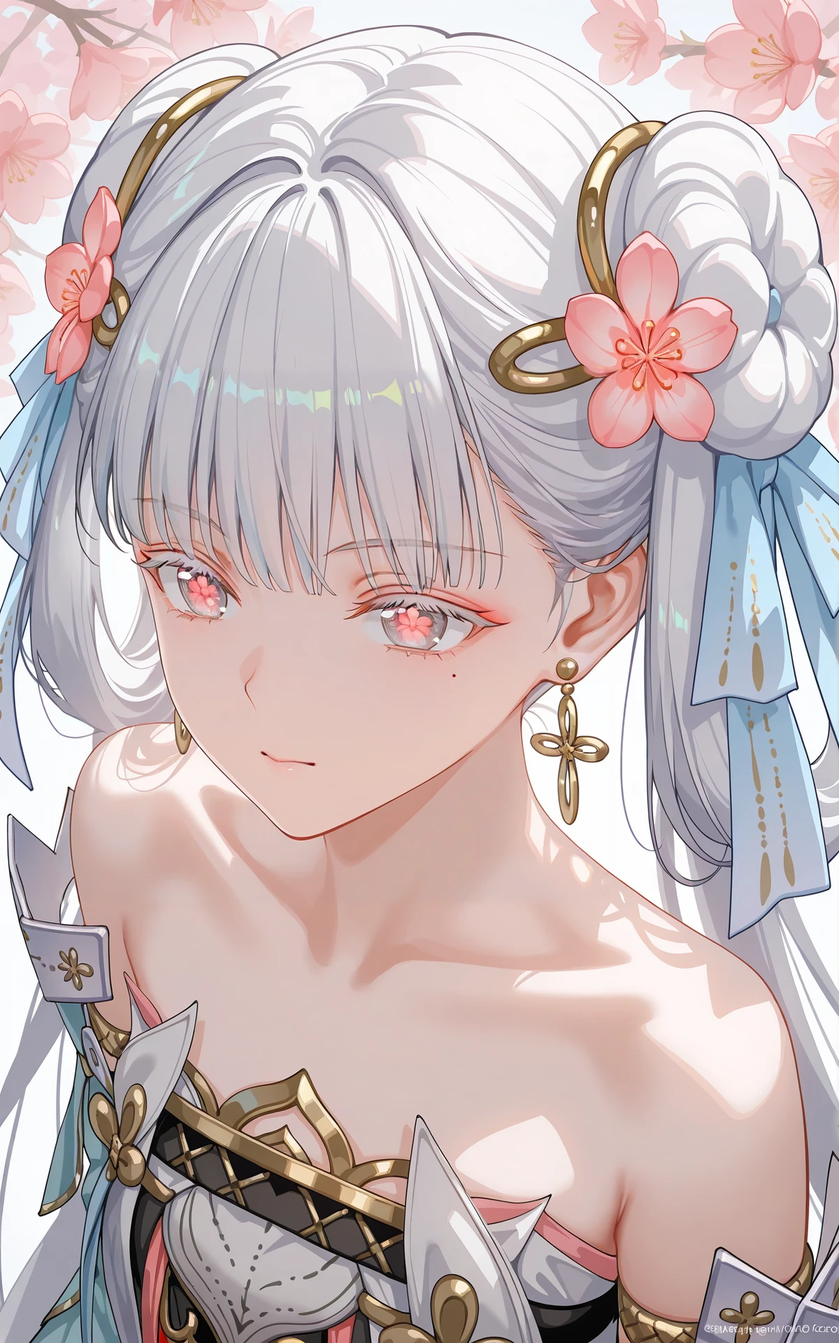 8k,best quality,masterpiece,(ultra-detailed),(high detailed skin),((artist:reoen),(artist:fuzichoco),(artist:atdan),(artist:torino_aqua),year 2024:0.8),[artist:wlop],[artist:ningen_mame],artist:ciloranko,[[artist:rhasta]],artist:tidsean,colorful,
<lora:xl-ill-jinhsi_TYZZ(wuthering waves)v1-000010:0.8>,jinhsi:TaoYaoZhuoZhuo\(wuthering waves\),1girl,solo,red eyes,peach blossom pupils,mole,mole under eye,flower,peach blossom,hair bun,double bun,hair ornament,hair flower,hair ribbon,ribbon,jewelry,grey hair,long hair,earrings,collarbone,close up,from_above,dutch angle,