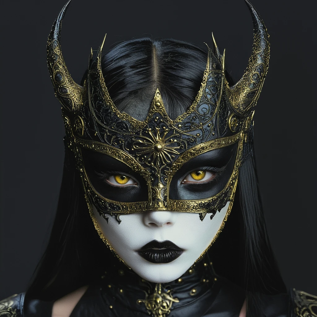 <lora:GothicDarkFantasyMovieSDXL:1> ArsMovieStill, Gothic Dark Fantasy movie still, The image is a close-up portrait of a woman's face and upper body. She is wearing a black and gold mask with intricate designs and patterns. The mask is made of a dark material possibly leather or metal and has a large ornate crown-like design on top. The crown is intricately designed with a large eye in the center and two pointed horns on either side. The woman's eyes are dark and dramatic with dark eyeliner and mascara on her lips. She has long dark hair that is pulled back in a sleek straight style. Her face is painted white with a hint of black lipstick on her cheeks and nose. The background is dark and out of focus making the mask stand out even more. The overall mood of the image is dark mysterious and edgy., 1girl, solo, looking at viewer, yellow eyes, portrait, black lips, black background, pale skin, black hair, simple background