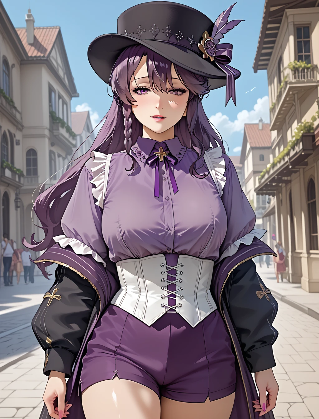score_9, score_8_up, score_7_up, score_6_up, score_5_up, score_4_up BREAK, ouji fashion, 1girl, maria, purple shirt, white corset, open shirt, off shoulder, black jacket, purple shorts, hat, feathered hat, (masterpiece, best quality, high quality, highres, ultra-detailed, top quality, official art), anime style, rating_safe