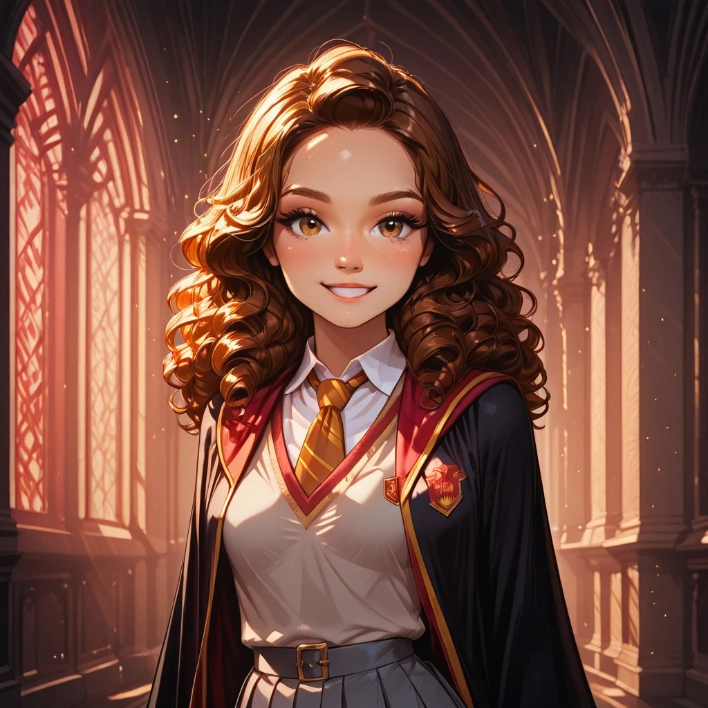 score_9, score_8_up, score_7_up, dynamic view, eye_focus, solo, looking_at_viewer, 1girl,
masterpiece, best quality, bokeh, luminescent background,
( Hermione Granger,
1girl, solo, brown hair, long hair, brown eyes, curly hair, small breasts,
gryffindor uniform, gryffindor emblem, hogwarts school uniform, cardigan, collared shirt, pleated grey skirt, Red with Yellow diagonal stripes tie, Black Tights, Black Knee High Socks),
portrait, happy,