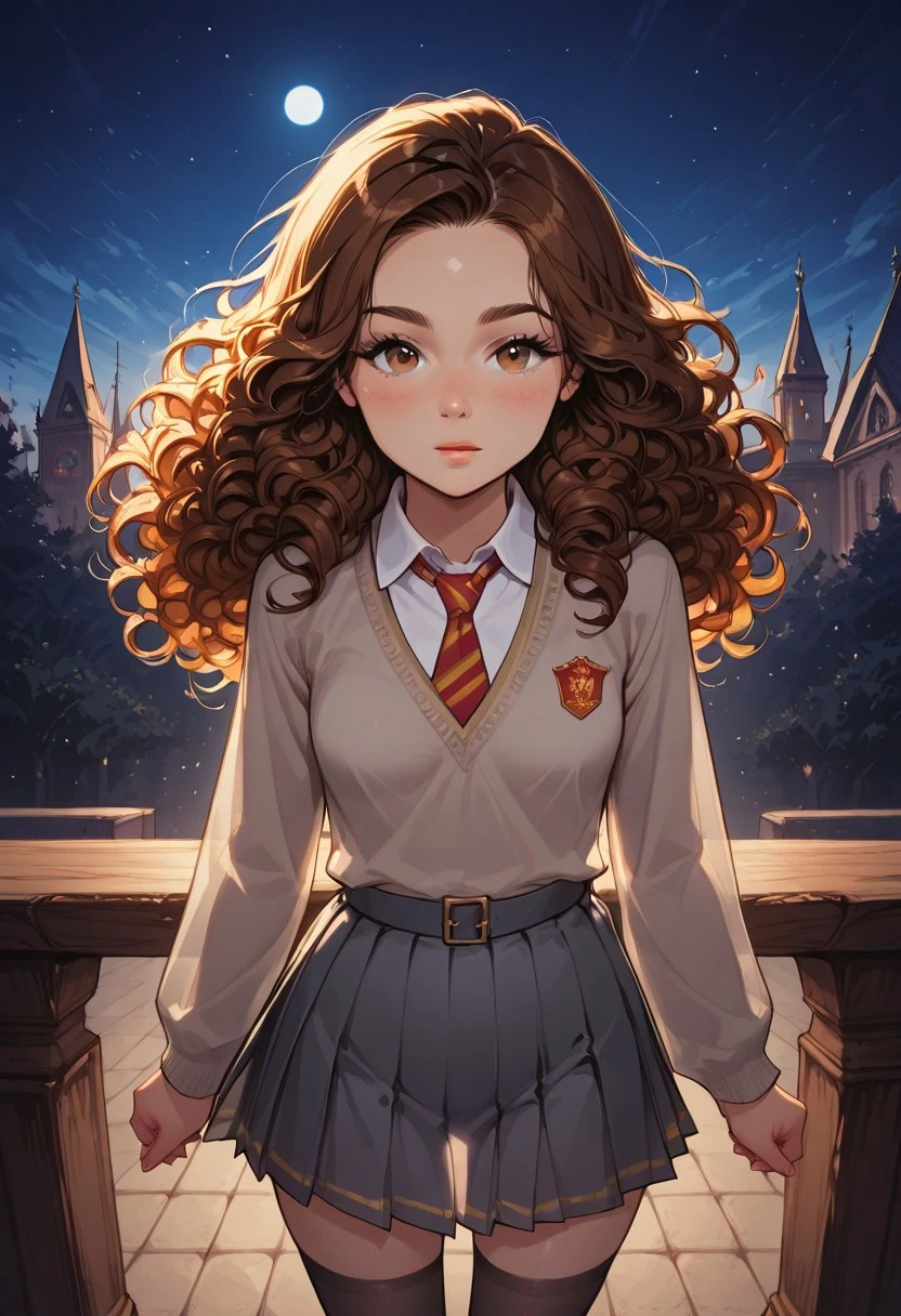 score_9, score_8_up, score_7_up, dynamic view, eye_focus, solo, looking_at_viewer,
( Hermione Granger,
1girl, solo, brown hair, long hair, brown eyes, curly hair, small breasts,
gryffindor uniform, gryffindor emblem, hogwarts school uniform, cardigan, collared shirt, pleated grey skirt, Red with Yellow diagonal stripes tie, Black Tights, Black Knee High Socks),
global illumination, ray tracing, (see-through silhouette:1.5), backlighting,moonlight,night sky, outdoors, balcony, blue light, ,masterpiece,best quality,amazing quality,