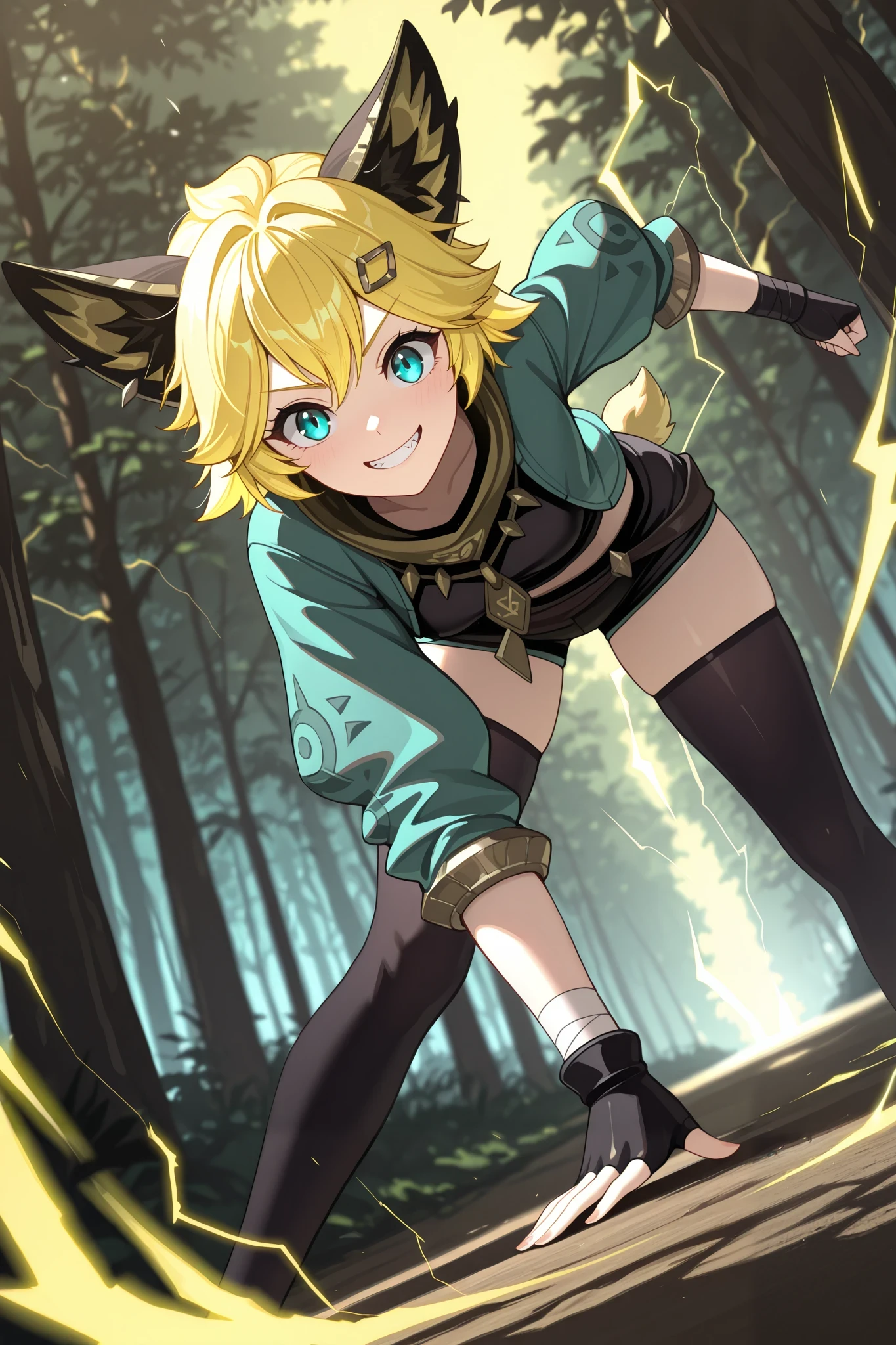 joy_mlbb, masterpiece, best quality, ultra-detailed, highres, absurdres, solo, 1girl, yellow hair, short hair, aqua eyes, animal ears, short tail, green jacket, open jacket, black shorts, black thighhighs, fingerless gloves, standing dynamic pose, energetic expression, grinning, looking at viewer, motion blur, speed lines, forest background,lights reflecting on ground, from below, dutch angle, extreme perspective , emphais lines, (yellow electricity), aura electricity
