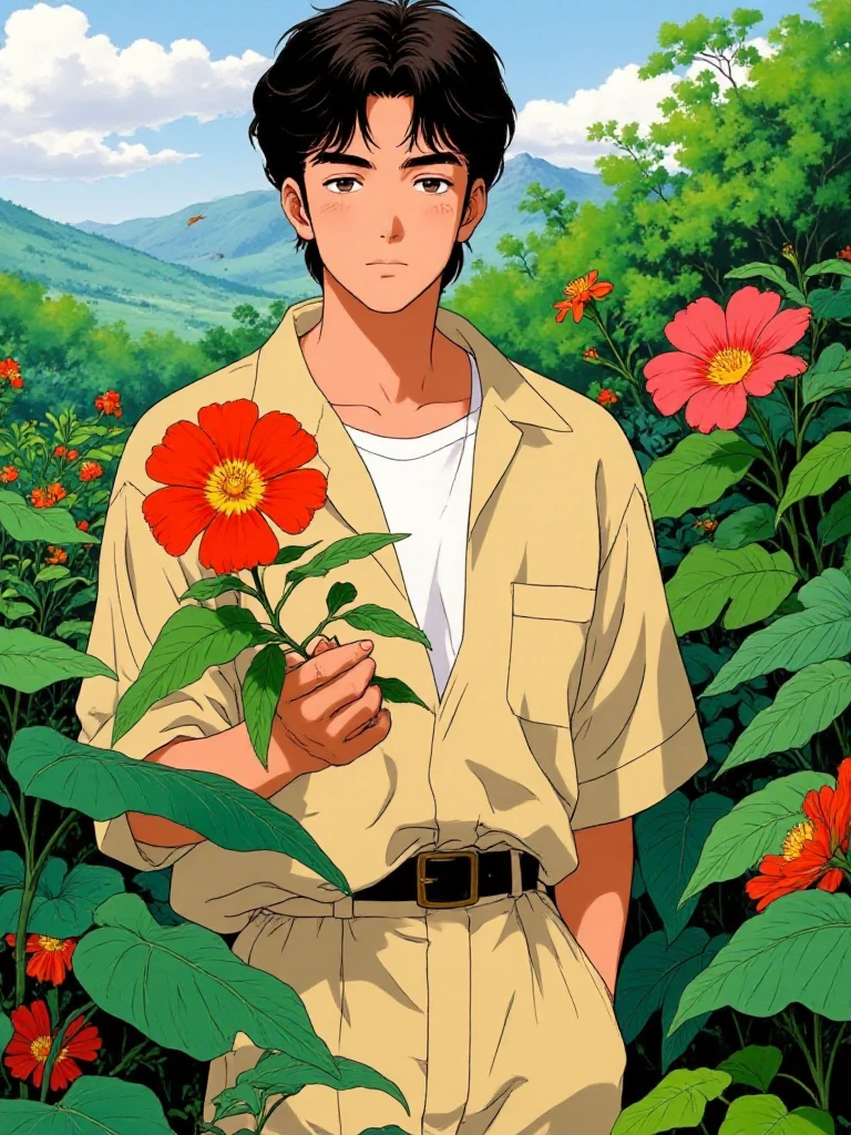 A man holding a flower <lora:80sAnime:0.9> 80sanime