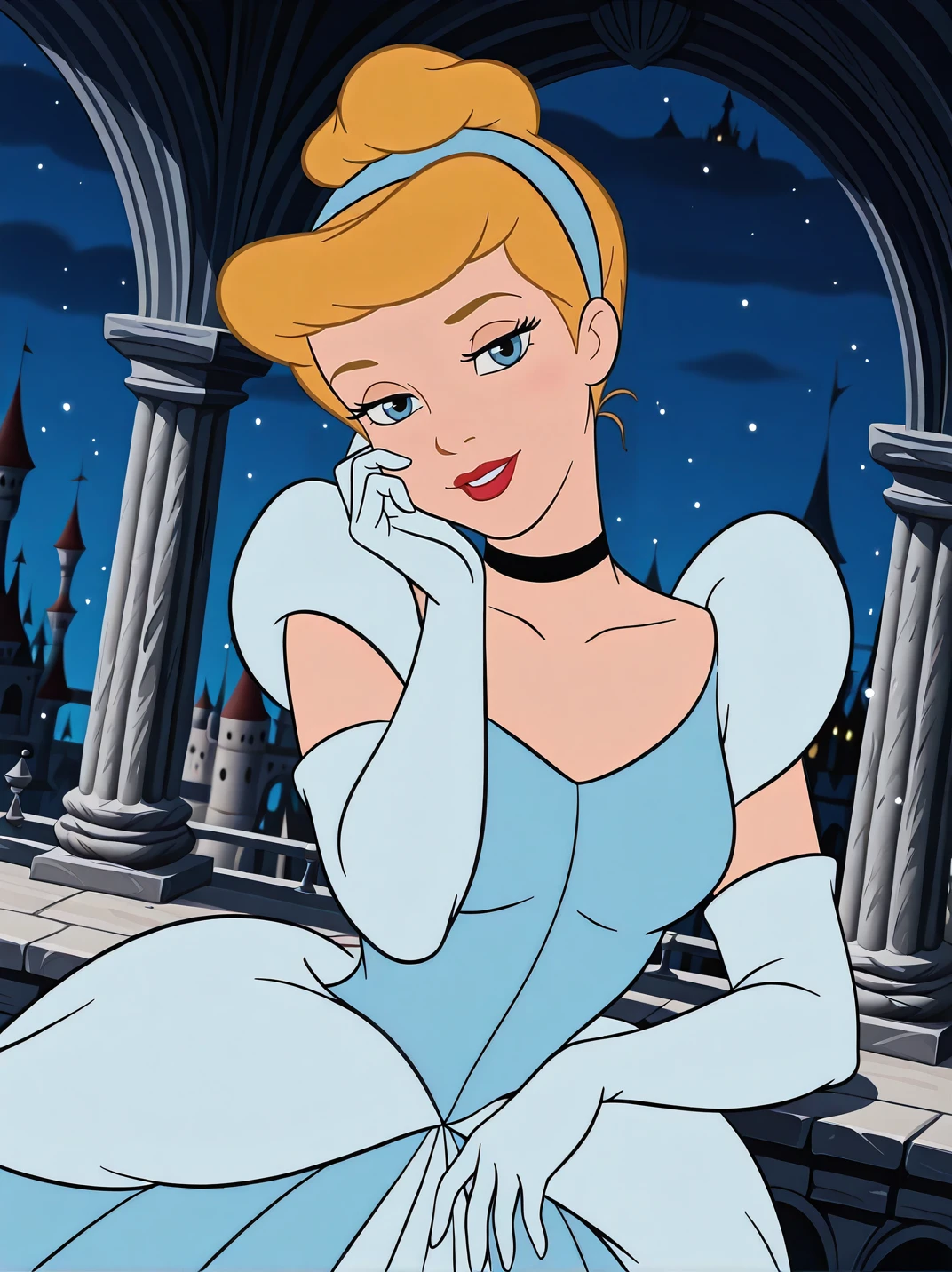 (official style:1.1), screencap, blurry background
1girl, medium breasts, (CinderellaXL:1.1), blonde hair, hair bun, hairband, choker, elbow gloves, blue dress, blue eyes, makeup, red lips,
light smile, dutch angle, sexy pose, happy, looking at viewer, indoors, balcony, night, sky, castle, light particles, daylight, portrait, dynamic pose, cowboy shot, head tilt, one hand on own cheek, one hand on hair, magic particles, from above,
<lora:Cinderella-IL:1>