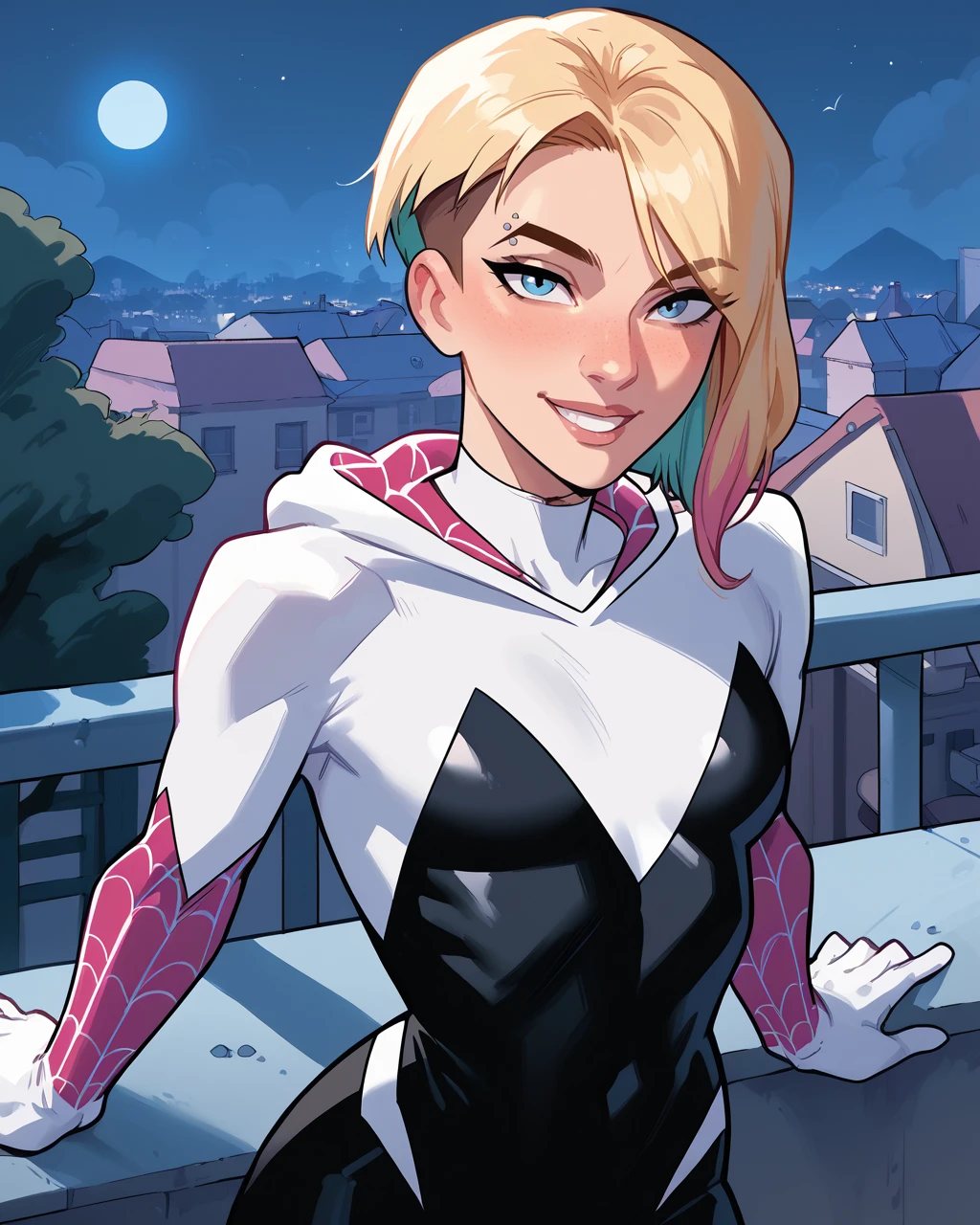 score_9, score_8_up, score_7_up, score_6_up, masterpiece, best quality, zPDXL3, zPDXLxxx, <lora:Kris_Anka_Style:1> krisanka, <lora:GwenStacyXL:0.8> gwenstacy, blonde hair, blue eyes, asymmetrical hair, eyebrow piercing, hooded bodysuit, spider web print, multicolored hair, rooftop, smile, looking at viewer, night,