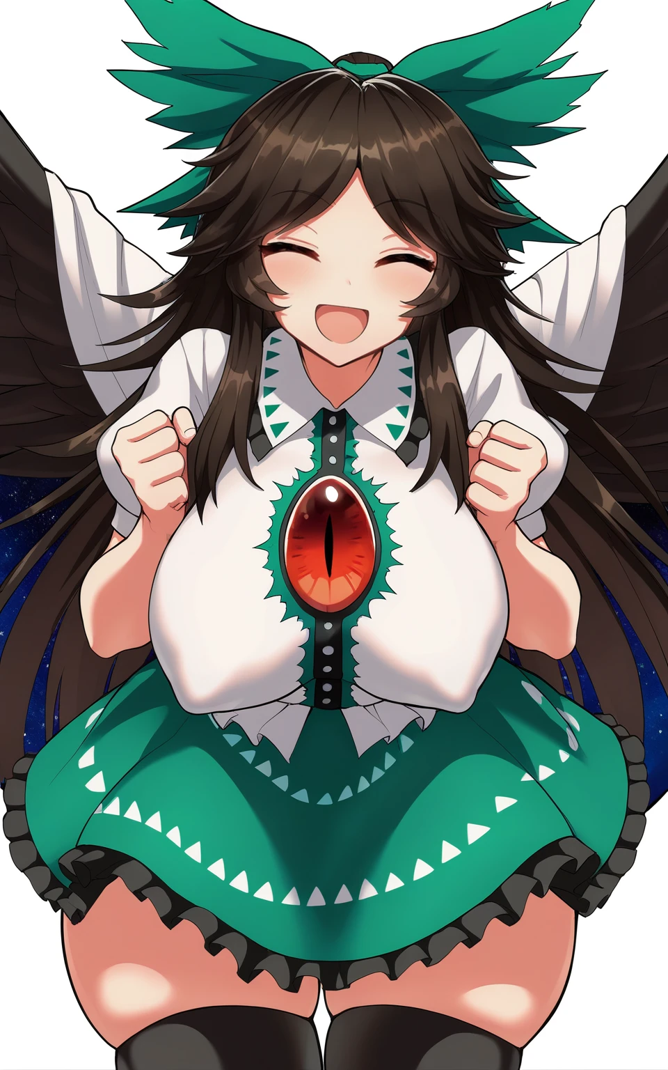 masterpiece, best quality, absurdres, highres, very awa,
 <lora:Jadf v2 - NoobAI 1.0 V-Pred:1>
1girl, solo, reiuji utsuho, black hair, long hair, sidelocks, closed eyes, smile, open mouth, :d, blush, shirt, short sleeves, puffy sleeves, skirt, frilled skirt, green bow, hair bow, black thighhighs, skindentation, zettai ryouiki, thick thighs,  wings, black wings, feathered wings, third eye, large breasts, covered nipples, puffy nipples, standing, leaning forward, hands up, clenched hands, white background, simple background, cowboy shot, facing viewer,