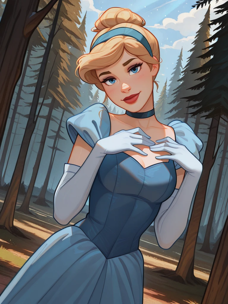 highres, hi res, best quality, masterpiece, cute,
1girl, medium breasts, (CinderellaXL:1.1), blonde hair, hair bun, hairband, choker, elbow gloves, blue dress, blue eyes, makeup, red lips,
light smile, dutch angle, sexy pose, happy, looking at viewer, forest, sunlight, sky, daylight, outdoors, dynamic pose, cowboy shot, head tilt, light particles, portrait,, hands on chest,
<lora:Cinderella-IL:0.85>, <lora:frostbitev2_Illu_dwnsty:1>, frostbite,