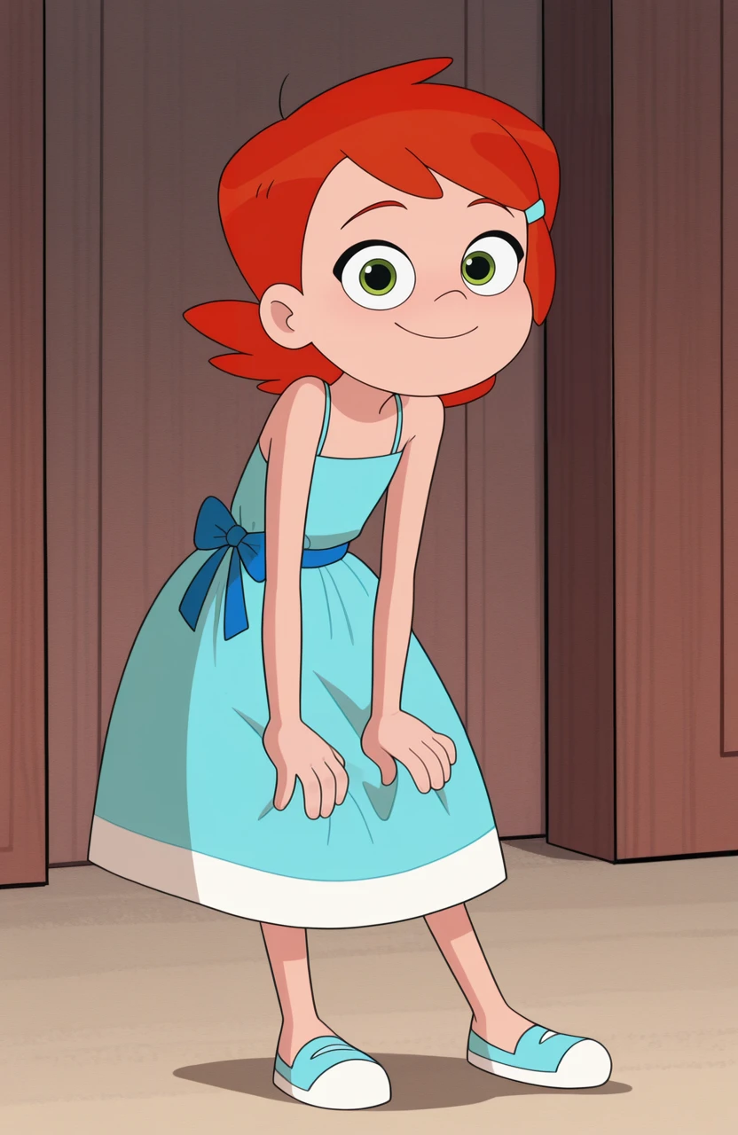 masterpiece, best quality, 1girl, solo,
<lora:Gwen2016:1> gwen2016, orange hair, green eyes, hands on knees, bending forward, looking at viewer, eye visible, detailed hands, full body, playful expression,
aqua dress, spaghetti strap, bare shoulders, blue bow, sleeveless dress