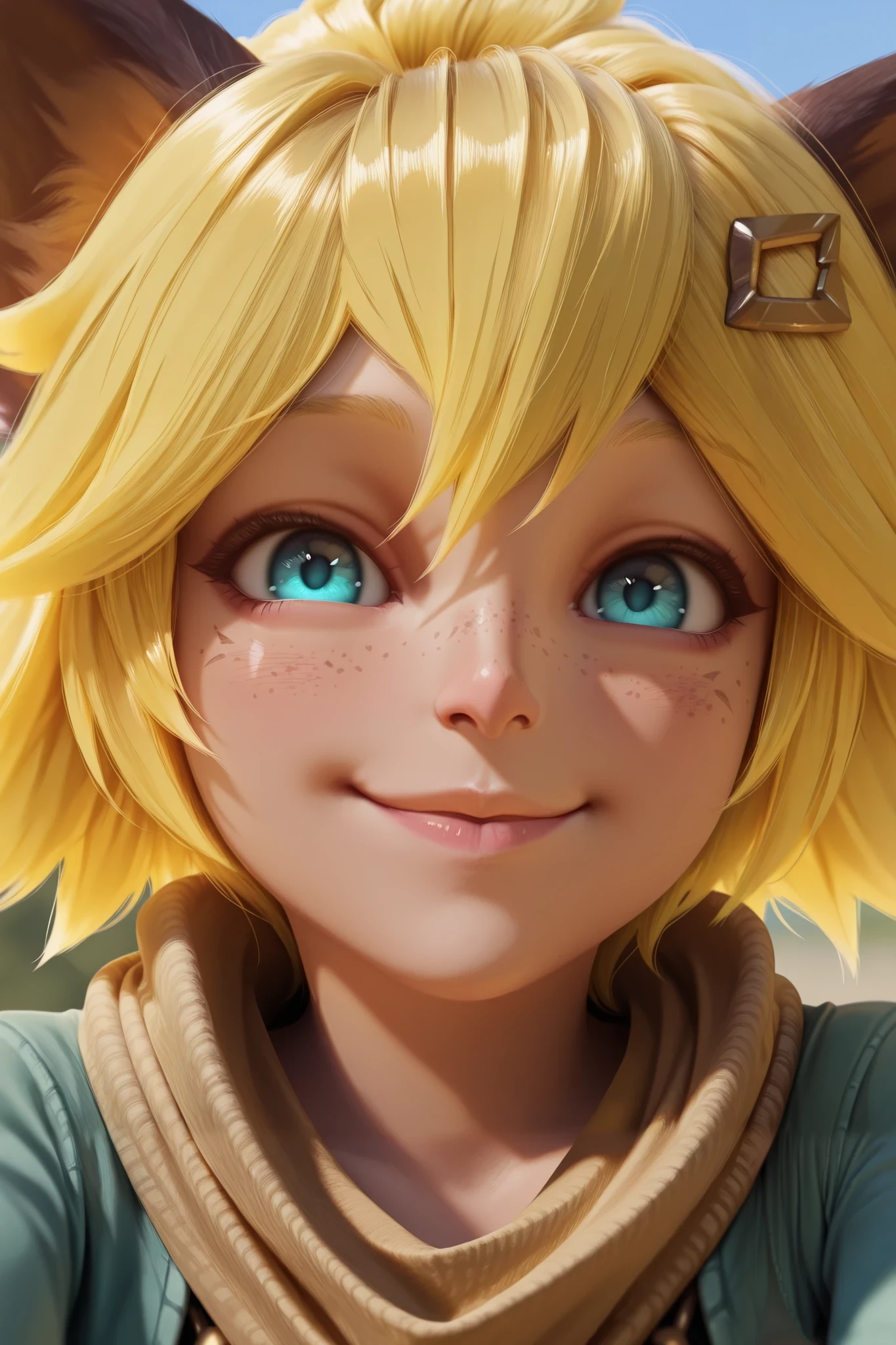 joy_mlbb, masterpiece, best quality, ultra-detailed, highres, absurdres, hyperrealism, realistic, solo, 1girl, yellow hair, short hair, aqua eyes, animal ears,green jacket, open jacket, scarf, smile, face focus, close up, freckles