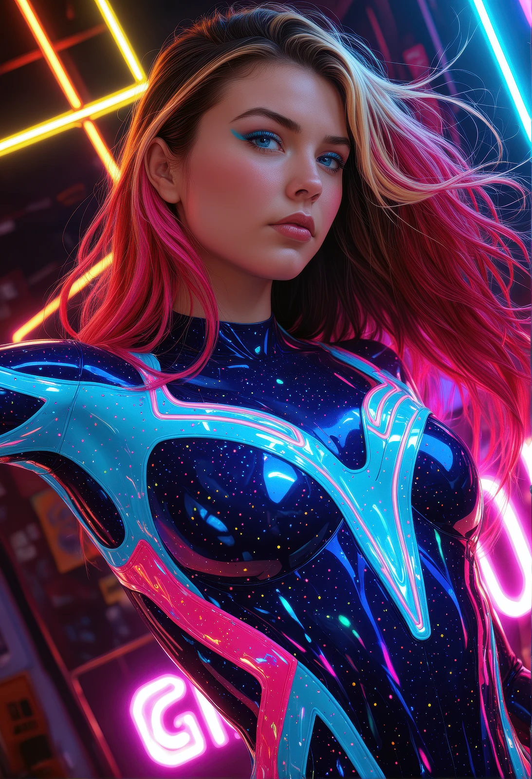 (masterpiece, best quality, ultra-detailed, realistic), perfect face, ((solo, solo focus, neon rim lighting, neon back lights)), neon lighting, neon bodysuit, long hair, detailed blue eyes, looking at viewer, neon eyeshadow, multi-coloured hair, specular highlights, neon theme, neon futurism, dynamic angle, dynamic pose, very aesthetic