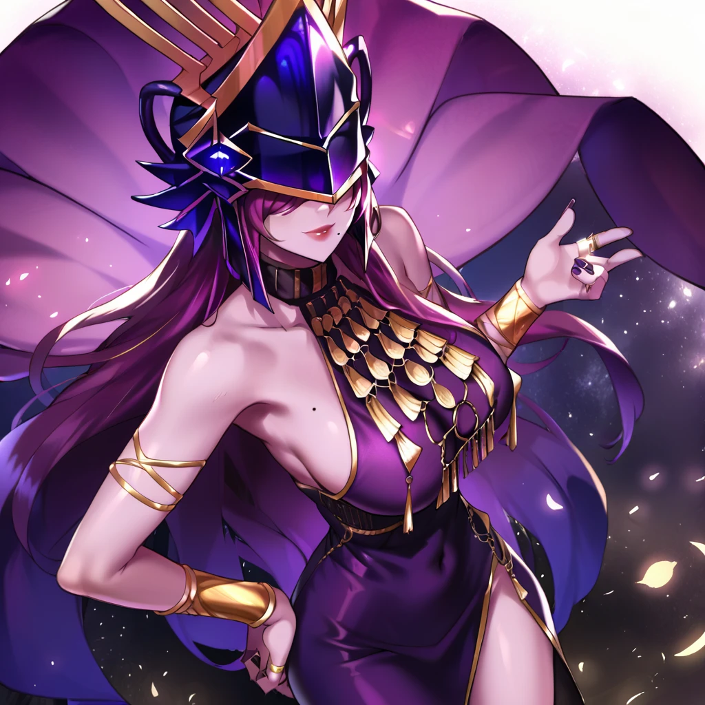 ((mature female, masterpiece, mistress, goddess)),((masterpiece: 1.2)),ultra-detailed, ultra high res, high quality, 4K, solo, 1girl,extreamly delicate and beautiful,illustration,masterpiece,(illustration),(highres),digimon,fishnets,purple helmet