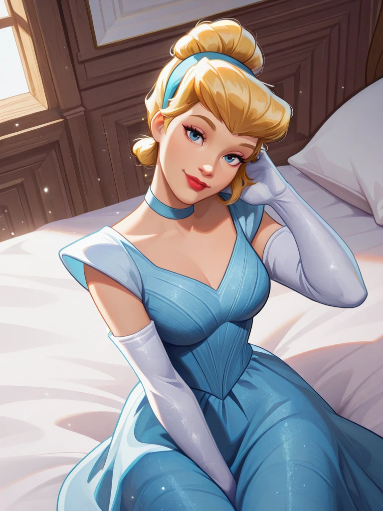 highres, hi res, best quality, masterpiece, cute,
1girl, medium breasts, (CinderellaXL:1.1), blonde hair, hair bun, hairband, choker, elbow gloves, blue dress, blue eyes, makeup, red lips,
light smile, dutch angle, sexy pose, happy, looking at viewer, indoors, sitting on bed, one hand between legs, light particles, daylight, portrait, dynamic pose, cowboy shot, head tilt, one hand on hair, magic particles, from above,
<lora:Cinderella-IL:0.85>, <lora:AMarvelRivals_style-06:1> MarvelRivals,,, semi realistic, cartoon,,,