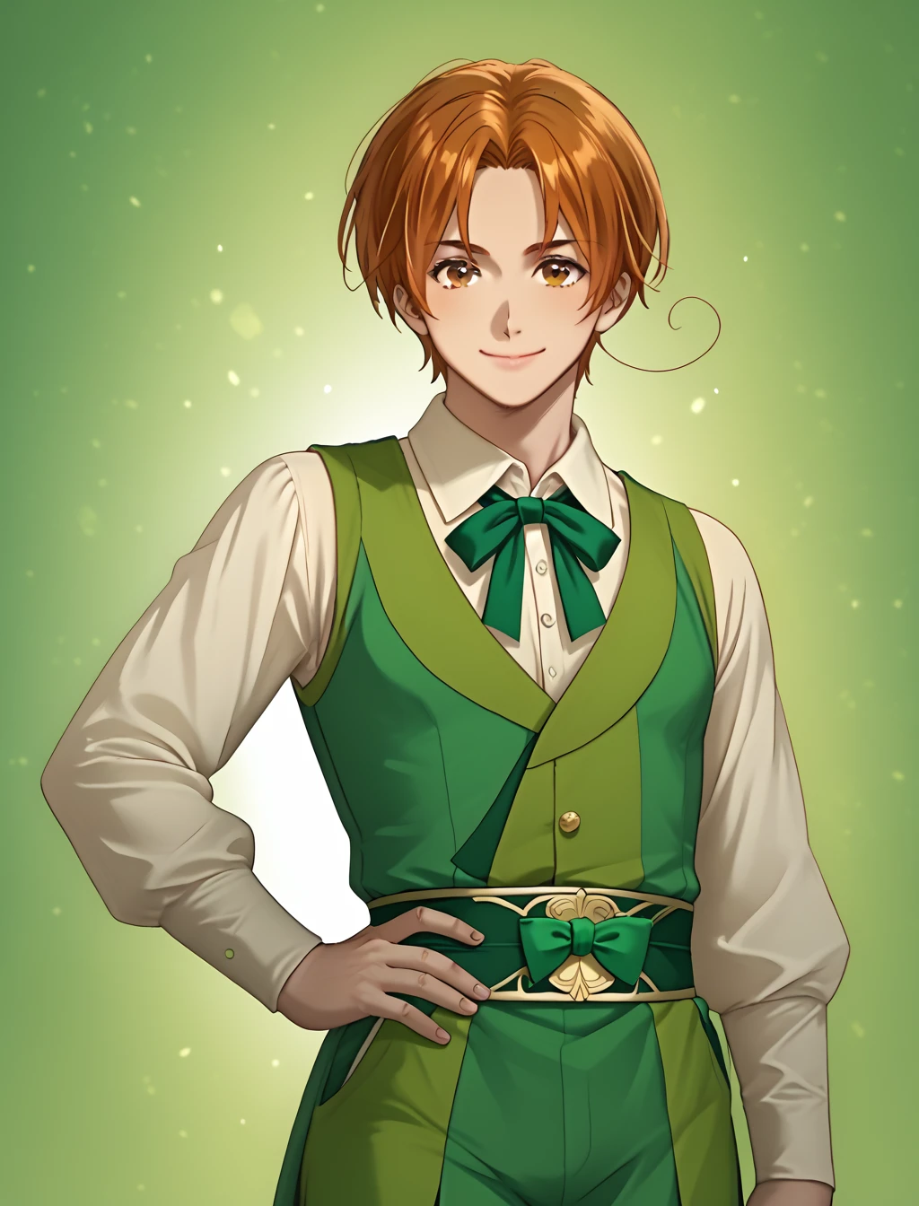 score_9, score_8_up, score_7_up, score_6_up, score_5_up, score_4_up BREAK, ouji fashion, 1boy, auburn hair, white shirt, green vest, hands on own hip, smile, brown eyes, green shorts, sash, (masterpiece, best quality, high quality, highres, ultra-detailed, top quality, official art), anime style, rating_safe