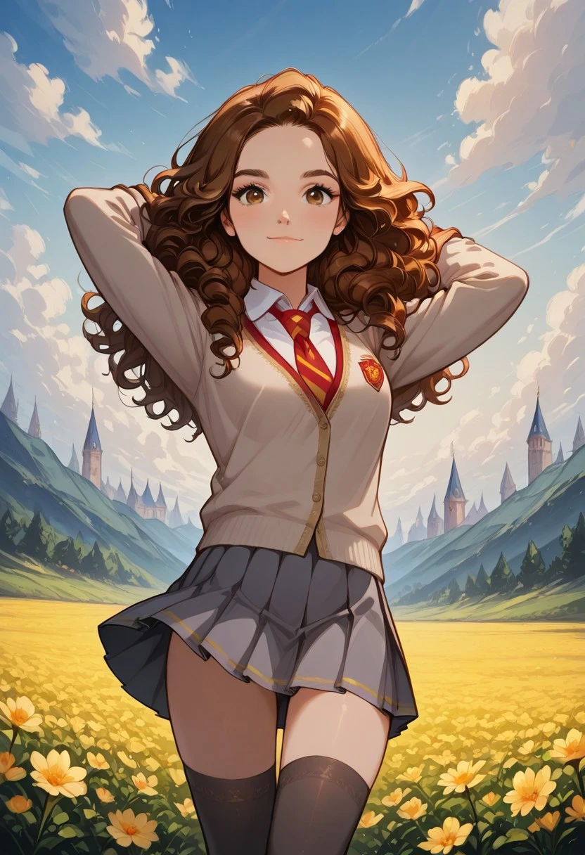 score_9, score_8_up, score_7_up, dynamic view, eye_focus, solo, looking_at_viewer,
( Hermione Granger,
1girl, solo, brown hair, long hair, brown eyes, curly hair, small breasts,
gryffindor uniform, gryffindor emblem, hogwarts school uniform, cardigan, collared shirt, pleated grey skirt, Red with Yellow diagonal stripes tie, Black Tights, Black Knee High Socks),
flower field, outdoors, arms behind head, cowboy shot, cleavage, flower, cloudy sky, scenery, landscape, looking ahead, dutch angle, light smile, closed mouth