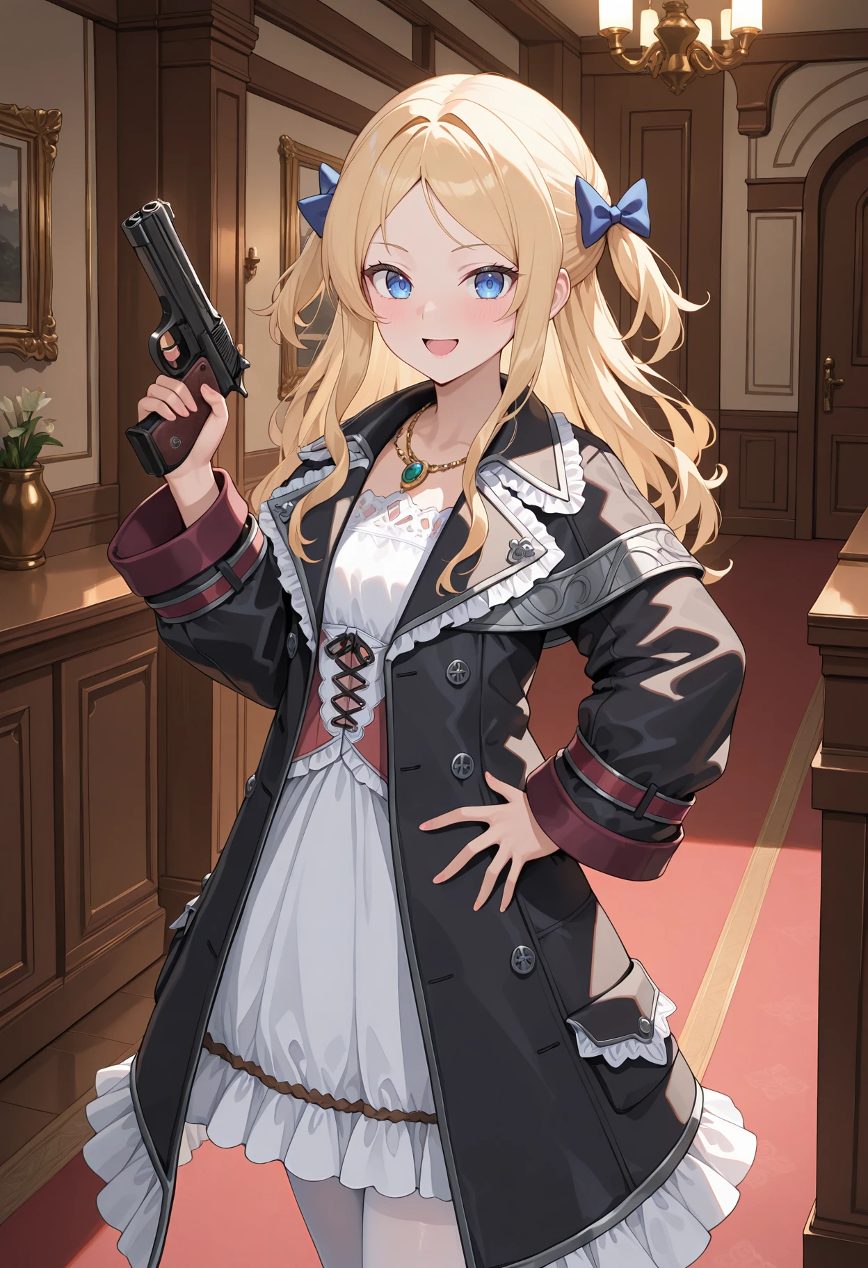 highres, best quality, masterpiece, indoors,
1girl, solo, highres, best quality, masterpiece, indoors,
1girl, solo, atcuderia, long hair, blonde hair, hair bow, two-side up, blue bow,
acudrdef, necklace, white dress, red corset, black coat, open coat, white pantyhose,
looking at viewer, blush, smile, open mouth,
standing, holding handgun, hand up, hand on own hip,
<lora:_cuderia_atelier-elesico-il10-000013:1>