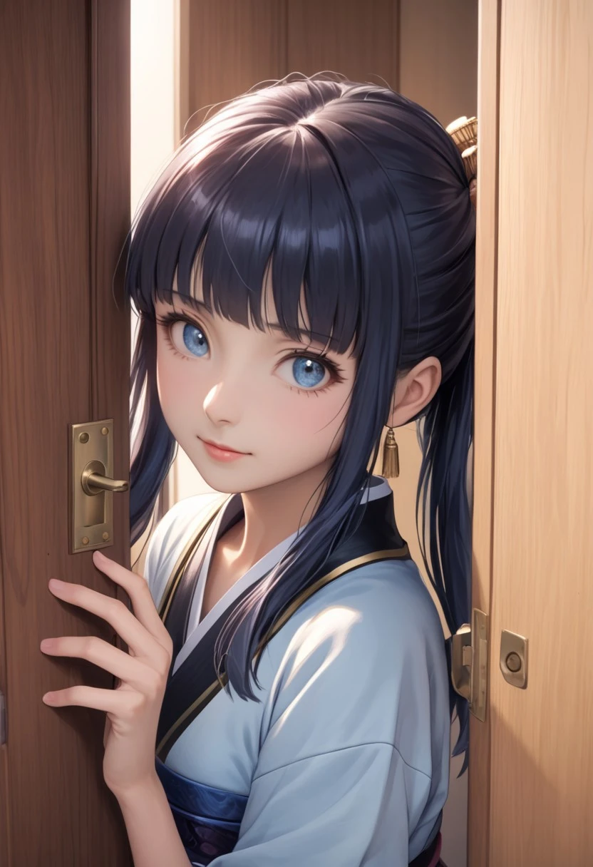 masterpiece, best quality, highres, 1woman, kamisato ayaka, peeking out upper body, door, opening door, doorway