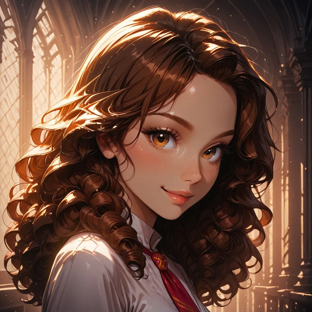 score_9, score_8_up, score_7_up, dynamic view, eye_focus, solo, looking_at_viewer, 1girl,
masterpiece, best quality, bokeh, luminescent background,
( Hermione Granger,
1girl, solo, brown hair, long hair, brown eyes, curly hair, small breasts,
),
portrait, happy,