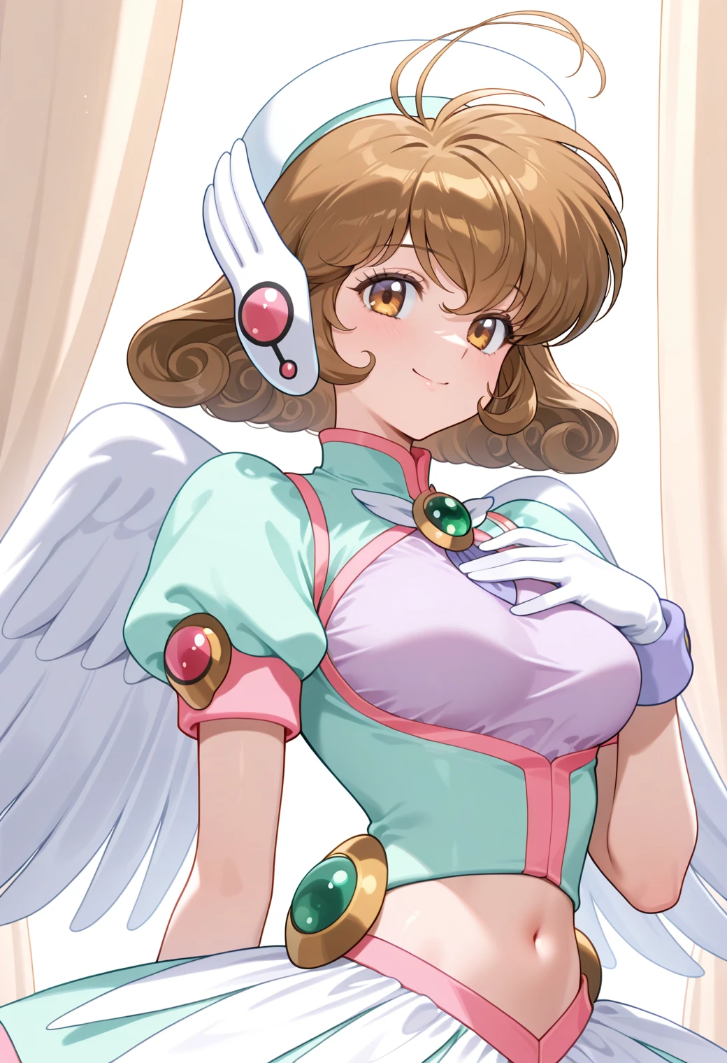 masterpiece, best quality, very aesthetic, absurdres, 1girl, solo,
<lora:corrector_yui_angel_v01:1>, corrector_yui, angel_element_suit, brown hair, short hair, antenna hair, curly hair, breasts,
hat, dress, puffy short sleeves, brooch, angel wings, white gloves, navel, smile, hand on own chest, upper body