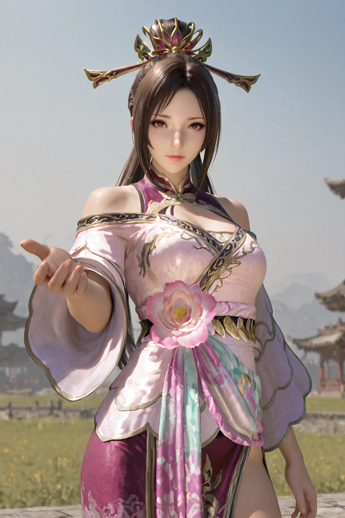 masterpiece, best quality, absurdres, realistic, looking at viewer, Standing with one hand reaching up, <lora:Diaochan_Dynasty_Warriors_IL:0.8> diaochan, 1girl, solo, long hair, brown hair, hair ornament, dress, flower,