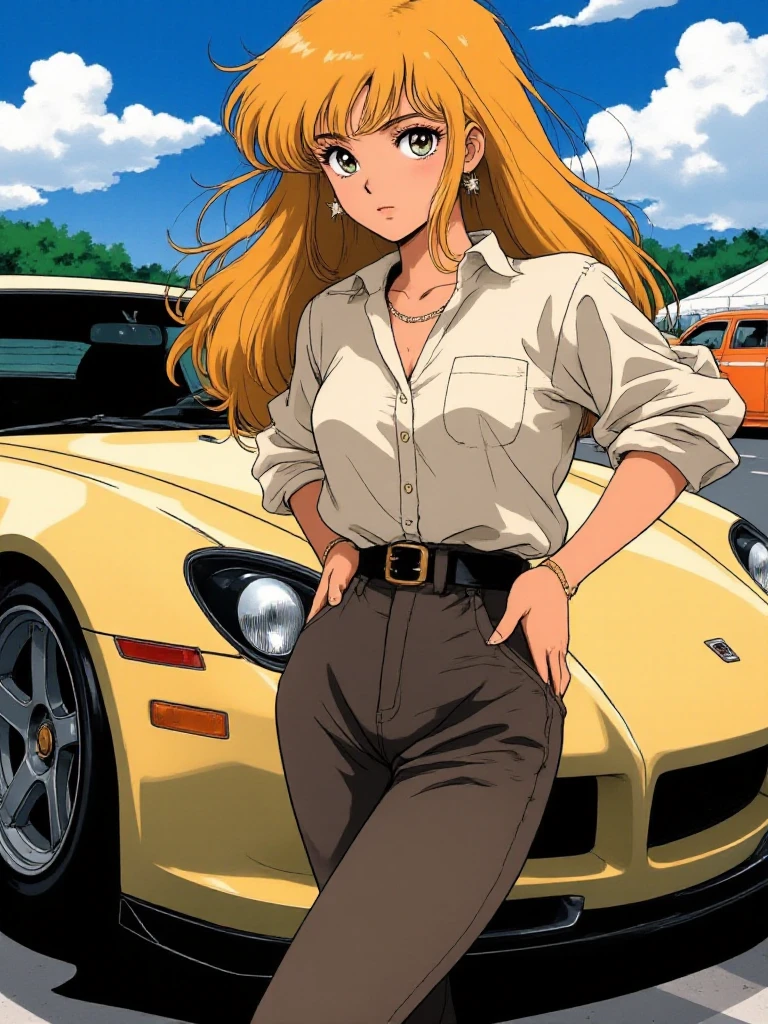a blond woman with long hair and wearing a buttondown shirt and tight jeand and higheels is posing in front of a sportcar <lora:80sAnime:0.9> 80sanime