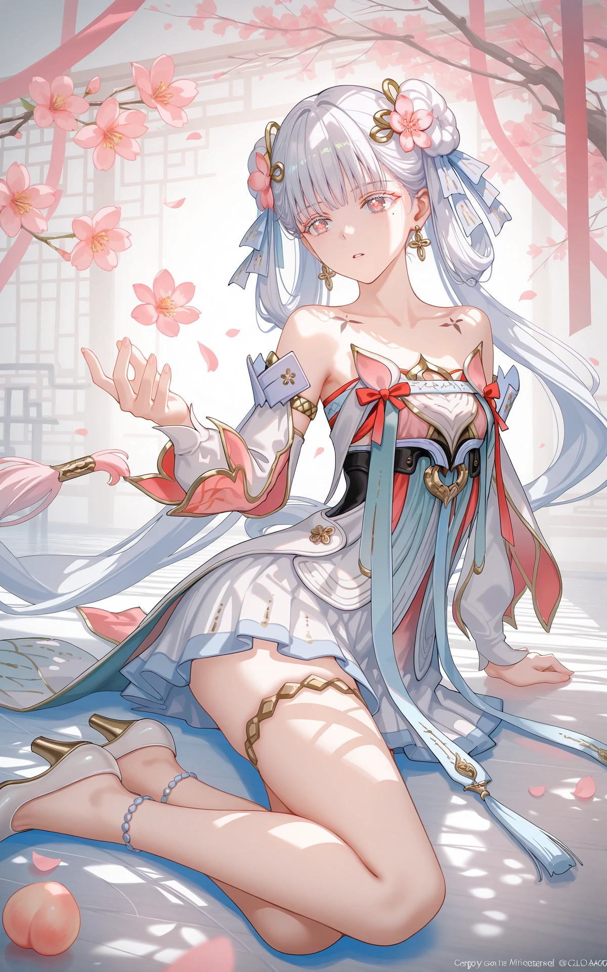 8k,best quality,masterpiece,(ultra-detailed),(high detailed skin),((artist:reoen),(artist:fuzichoco),(artist:atdan),(artist:torino_aqua),year 2024:0.8),[artist:wlop],[artist:ningen_mame],artist:ciloranko,[[artist:rhasta]],artist:tidsean,colorful,
<lora:xl-ill-jinhsi_TYZZ(wuthering waves)v1-000010:0.8>,jinhsi:TaoYaoZhuoZhuo\(wuthering waves\),1girl,solo,red eyes,peach blossom pupils,mole,mole under eye,flower,peach blossom,hair bun,double bun,hair ornament,hair flower,hair ribbon,ribbon,jewelry,grey hair,long hair,earrings,
collarbone,bare shoulders,armlet,dress,detached sleeves,thighlet,white footwear,high heels,anklet,