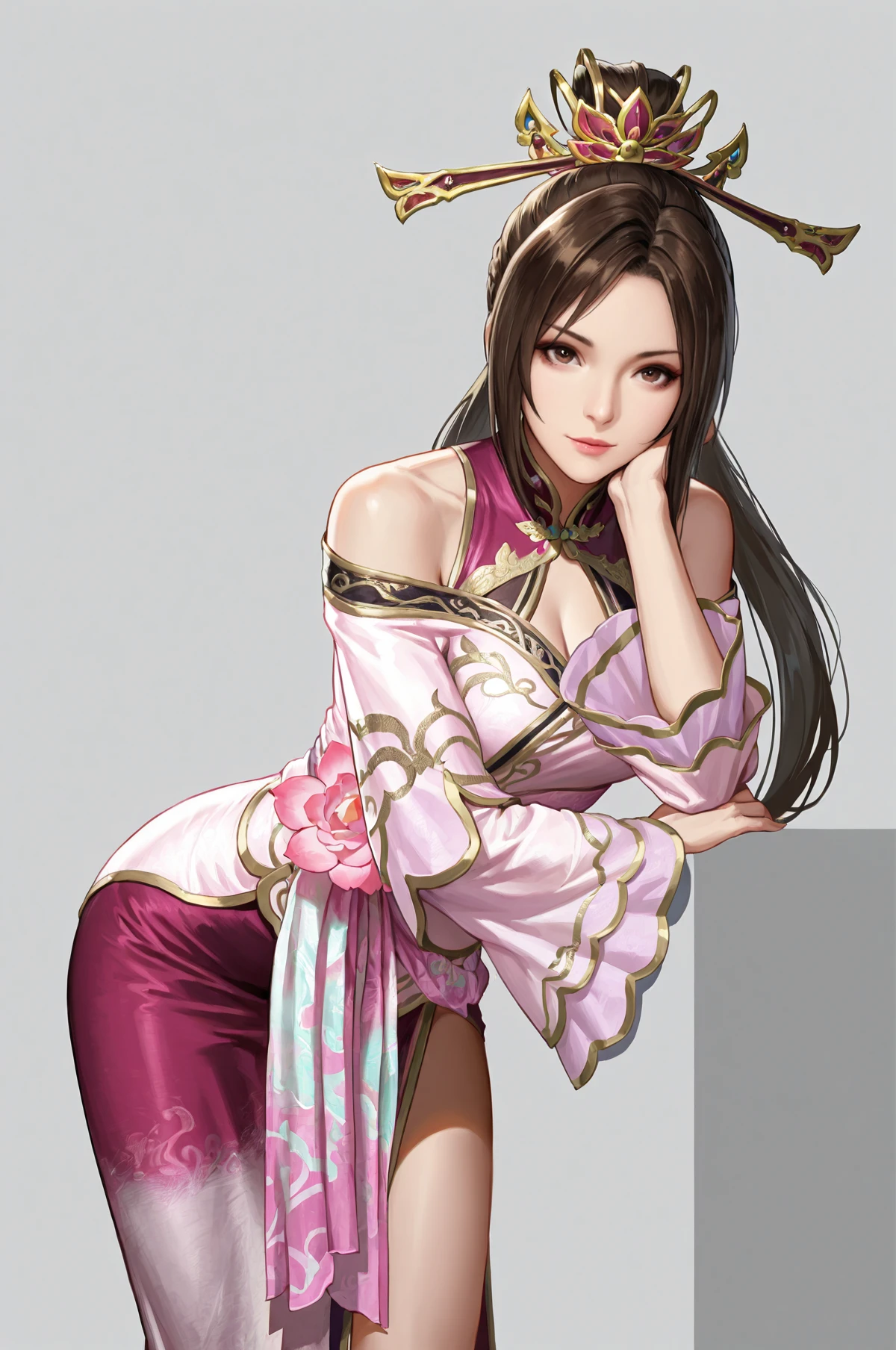 masterpiece, best quality, absurdres, looking at viewer, Leaning with one elbow on an invisible wall, <lora:Diaochan_Dynasty_Warriors_IL:0.8> diaochan, 1girl, solo, long hair, brown hair, hair ornament, dress, flower,