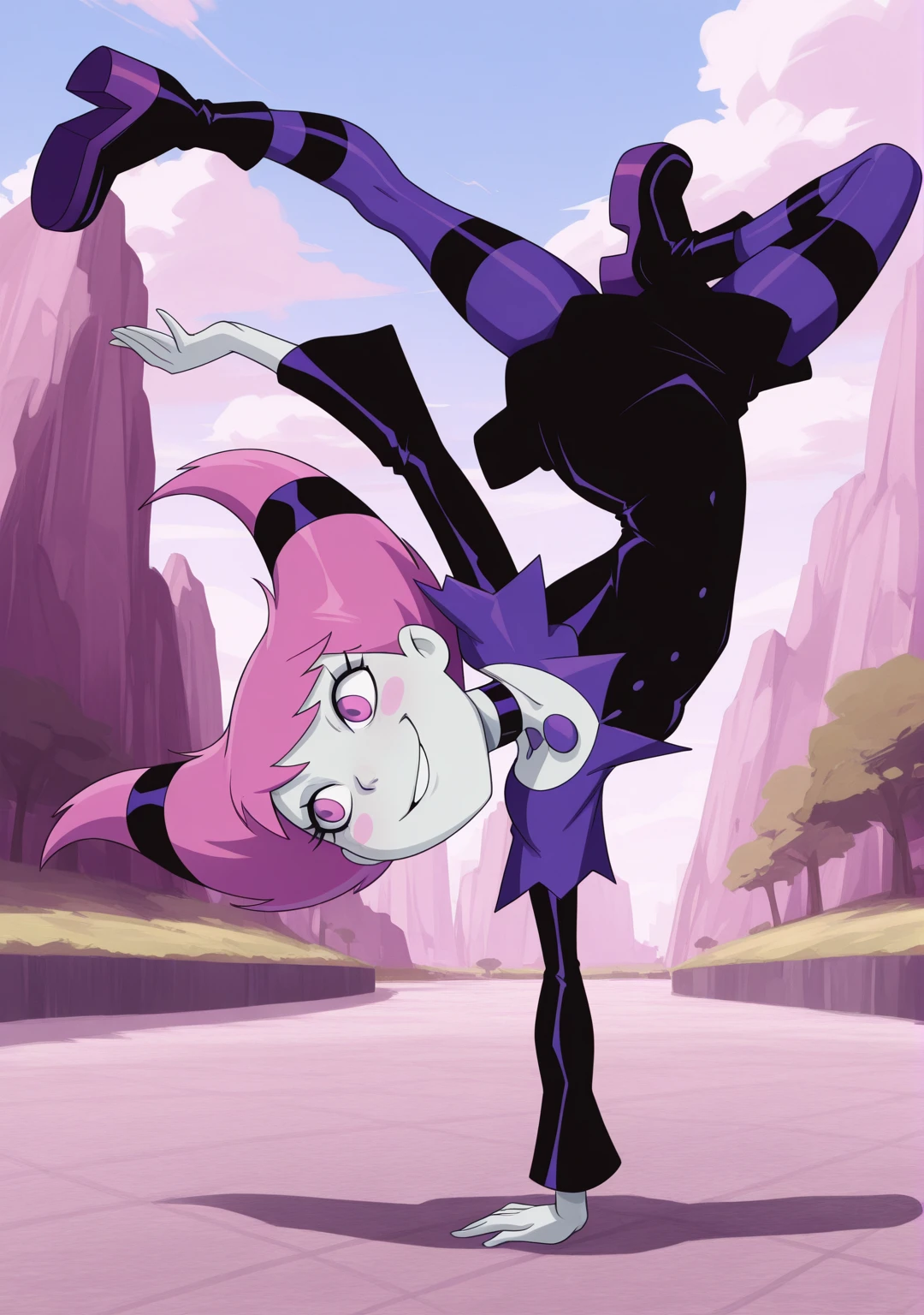 masterpiece,best quality,amazing quality, 1girl, solo, <lora:IlluJinx:0.9> illujinx, grey skin, pink hair, pink eyes, blush stickers, dress, striped pantyhose, boots, choker, smile, outdoors,  <lora:breakdance_XL_v2:1> breakdance, handstand, upside-down, full body