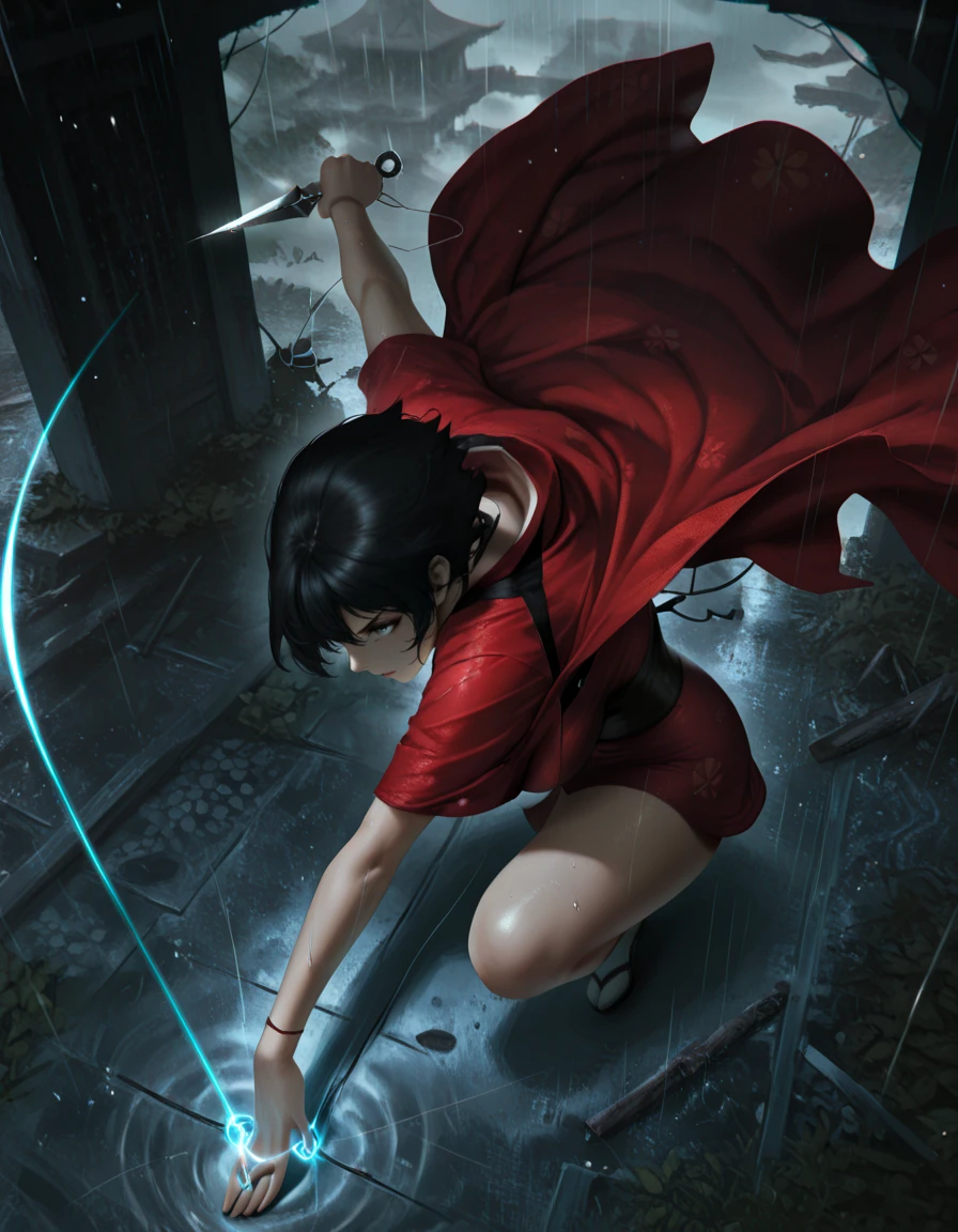 masterpiece, best quality, 1girl, solo, absurdres,
large breasts,
kurenaidg,
short hair, black hair,
red kimono, short kimono,
string, kunai,
attack, fighting stance,
slashing diagonally with fierce speed, cloak trailing behind, , from behind, from above ,
ruins, asian architecture, rain,
glowing, light particles,
blurry background,
embedding:SmoothQuality,