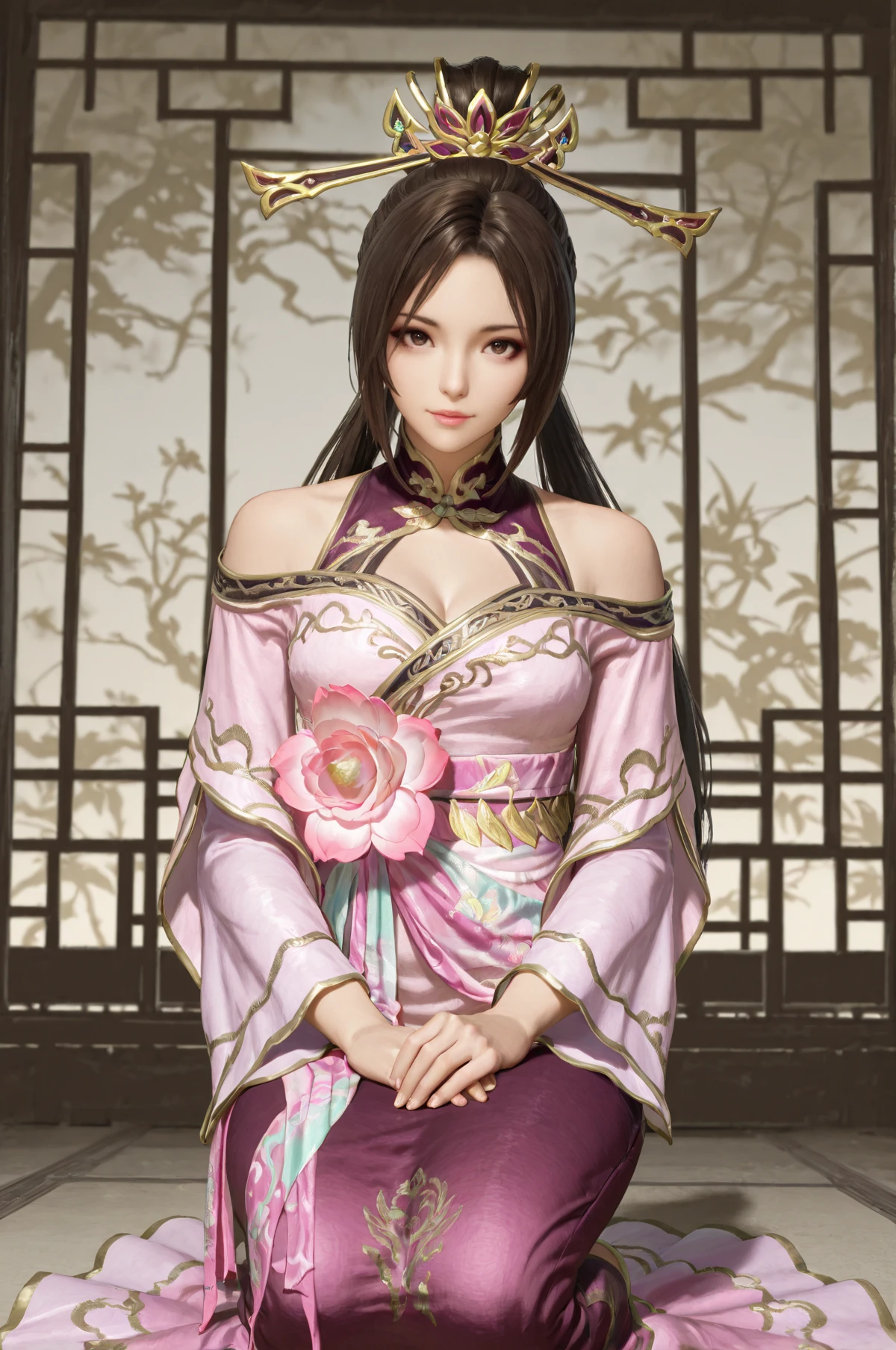 masterpiece, best quality, absurdres, looking at viewer, Kneeling with hands resting on lap, <lora:Diaochan_Dynasty_Warriors_IL:0.8> diaochan, 1girl, solo, long hair, brown hair, hair ornament, dress, flower,