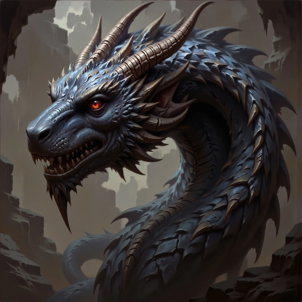 DFOP-V2.0 style oil painting that features a Black scaled dragon with red eyes