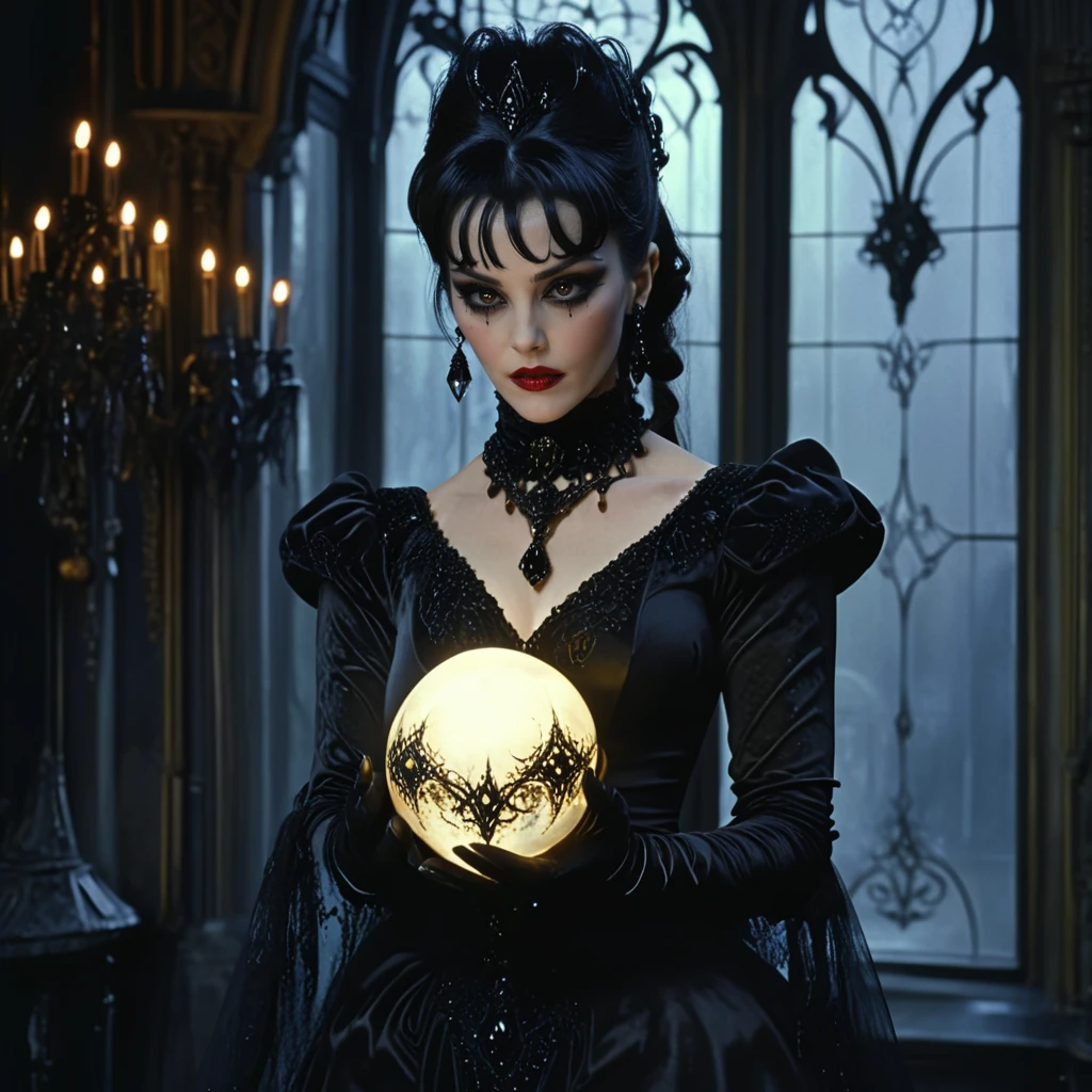 <lora:GothicDarkFantasyMovieSDXL:1> ArsMovieStill, Gothic Dark Fantasy movie still, The image is a portrait of a woman dressed in a dark and eerie outfit. She is standing in a room with a chandelier and a large window in the background. The woman is wearing a black dress with a high neckline and long sleeves and her hair is styled in a dramatic updo with a crown on top. She has dark makeup and red lipstick. In her hands she is holding a large round black crystal ball with intricate designs on it. The ball appears to be glowing with a golden light. The overall mood of the image is dark and mysterious., 1girl, black hair, solo, jewelry, earrings, makeup, gothic, long hair, gloves, dress