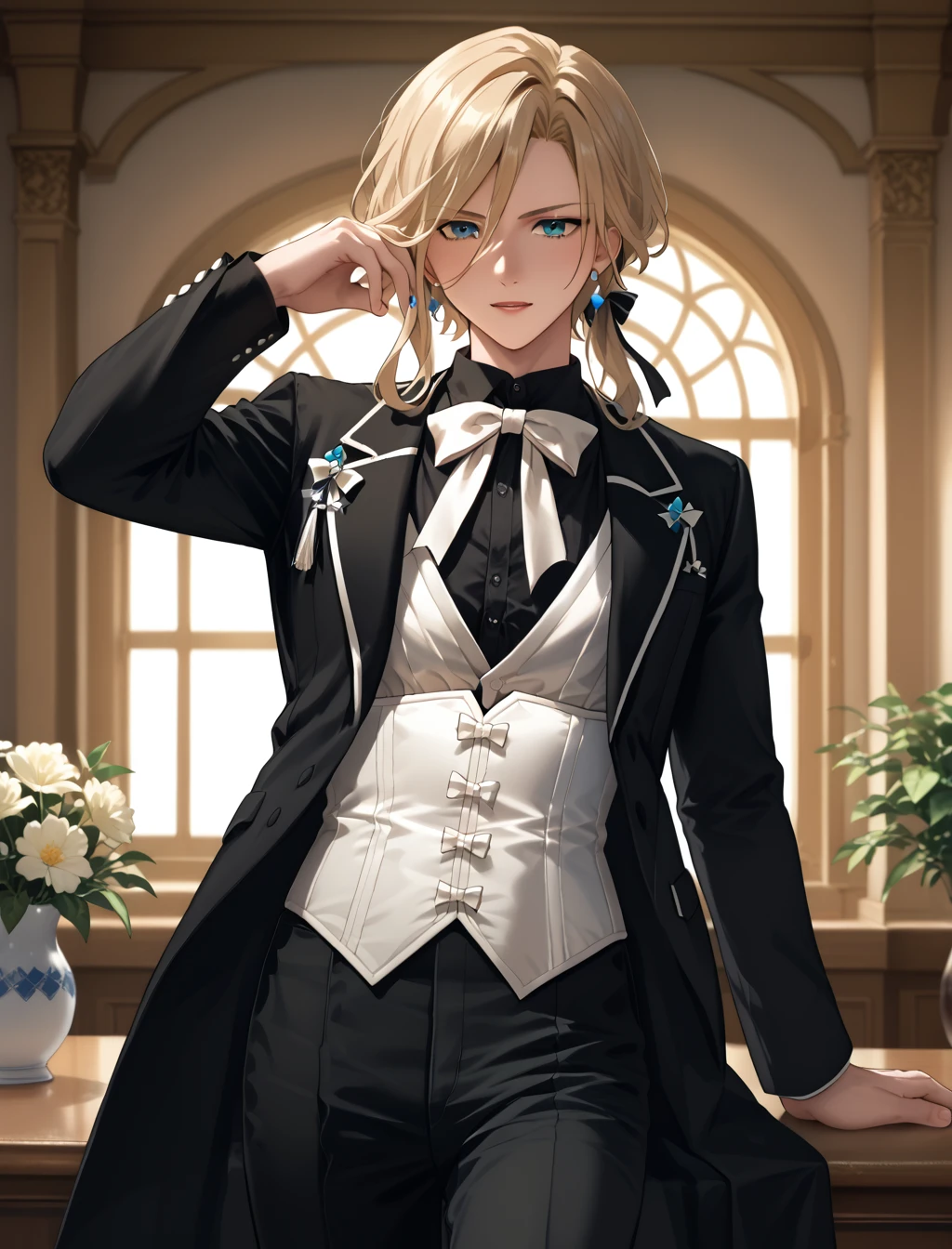 score_9, score_8_up, score_7_up, score_6_up, score_5_up, score_4_up BREAK, ouji fashion, 1boy, izuru, black jacket, black shirt, white vest, neckbow, black pants, white corset, (masterpiece, best quality, high quality, highres, ultra-detailed, top quality, official art), anime style, rating_safe