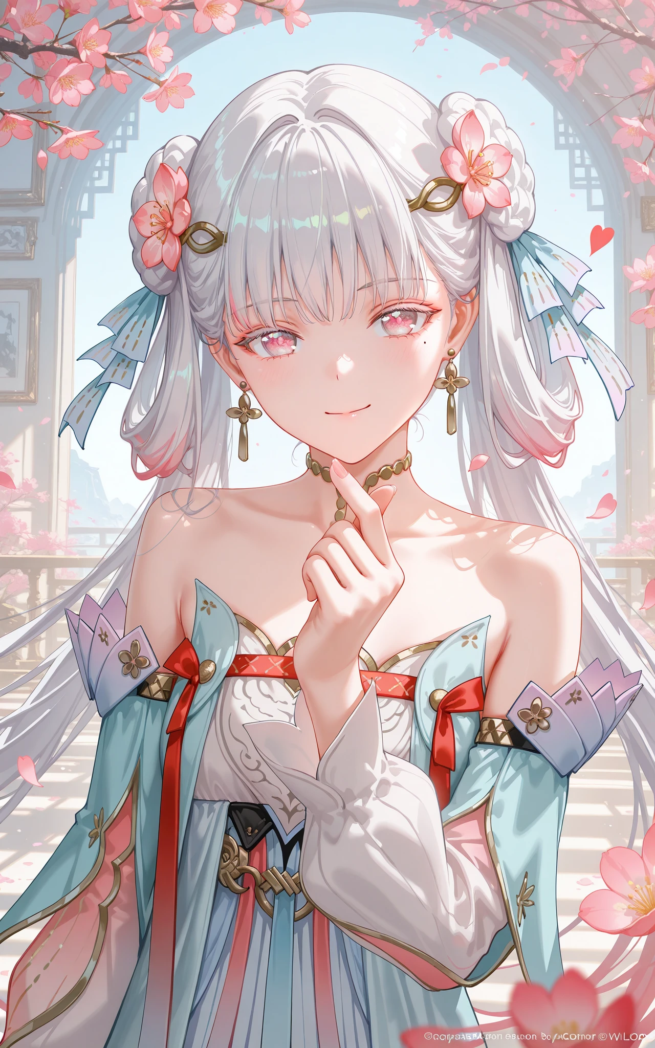 8k,best quality,masterpiece,(ultra-detailed),(high detailed skin),((artist:reoen),(artist:fuzichoco),(artist:atdan),(artist:torino_aqua),year 2024:0.8),[artist:wlop],[artist:ningen_mame],artist:ciloranko,[[artist:rhasta]],artist:tidsean,colorful,
<lora:xl-ill-jinhsi_TYZZ(wuthering waves)v1-000010:0.8>,jinhsi:TaoYaoZhuoZhuo\(wuthering waves\),1girl,solo,heart,finger heart,mole under eye,hair ornament,flower,hair flower,mole,jewelry,bare shoulders,smile,looking at viewer,earrings,long hair,dress,pink eyes,detached sleeves,petals,upper body,white hair,blush,holding,hair bun,pink flower,closed mouth,braid,ribbon,pink hair,grey hair,