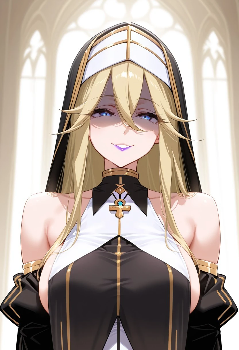 masterpiece,best quality,highres, absurdres,
caldmellia, 1girl, solo, blonde hair, long hair, parted lips, purple lips, large breasts, hair between eyes,
blue eyes, bangs, nun, detached sleeves, bare shoulders, black dress, collarbone, detached sleeves, sideboob, puffy sleeves, smile, shaded face, evil eyes, evil smile, upper body,