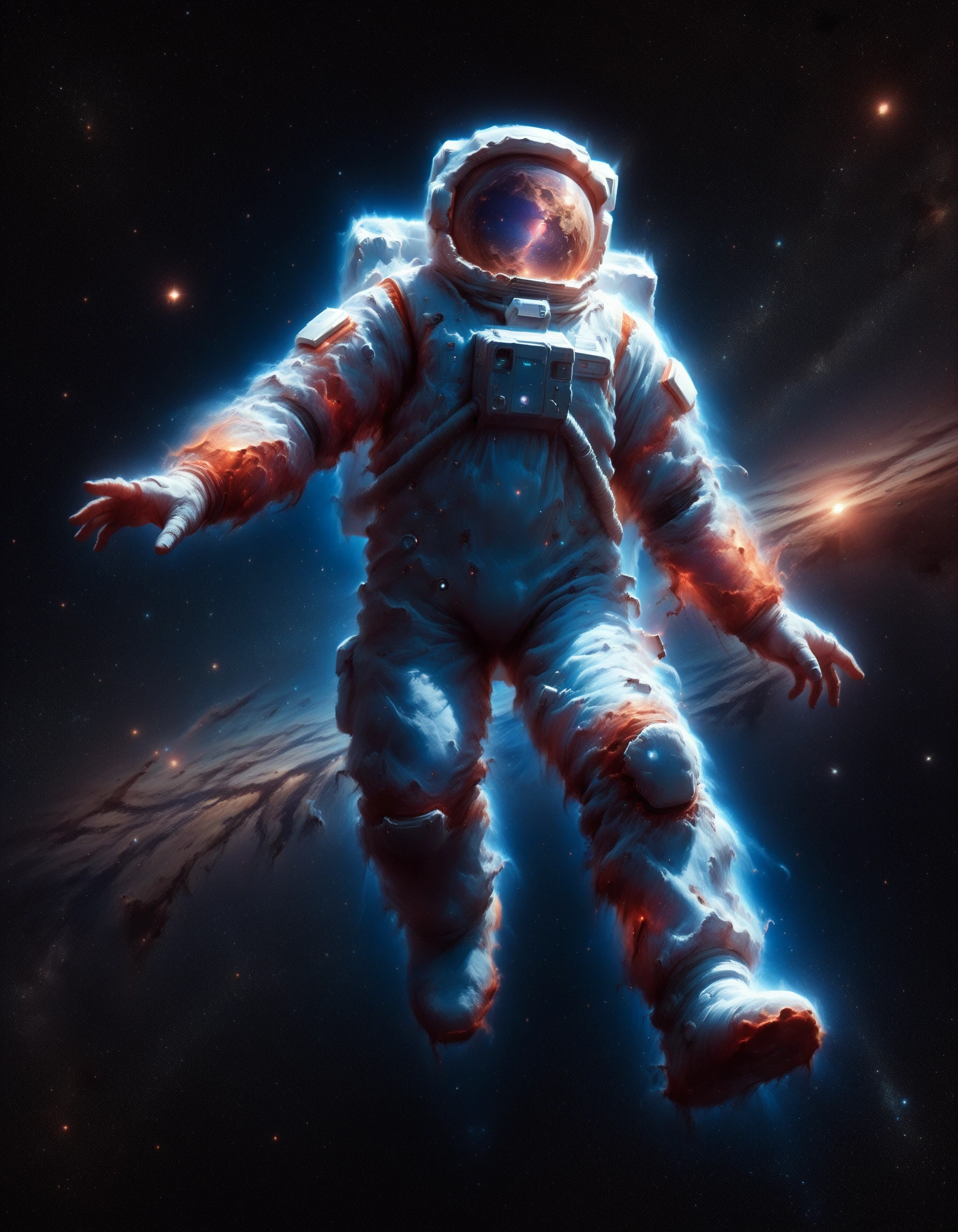 <lora:Space_Nebula_IL:0.9> mad-nbla, astronaut floating in orbit of earth , scifi,dynamic pose,, (masterpiece:1.2), best quality