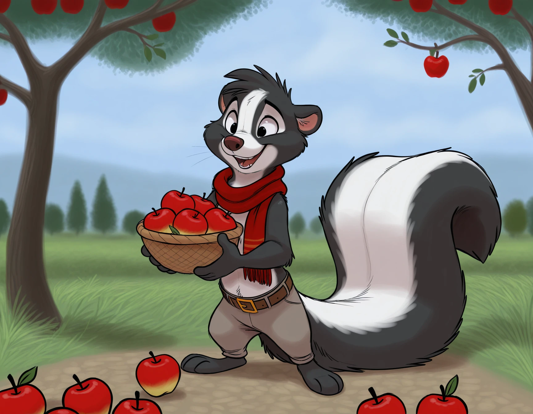 masterpiece, best quality, absurdres, solo, skunk, mephitid, male, anthro, mammal, (scarf:1.2), clothing, smile, toony, pants, feet, large tail, barefoot, clothed, bottomwear, belt, biped, fur, 3 toes, head tuft, open smile, markings, black eyes, standing, tail, outside, orchard, holding object, apple, basket full of apples, detailed background, orlandofox, letodoesart, reign\-2004, koul
