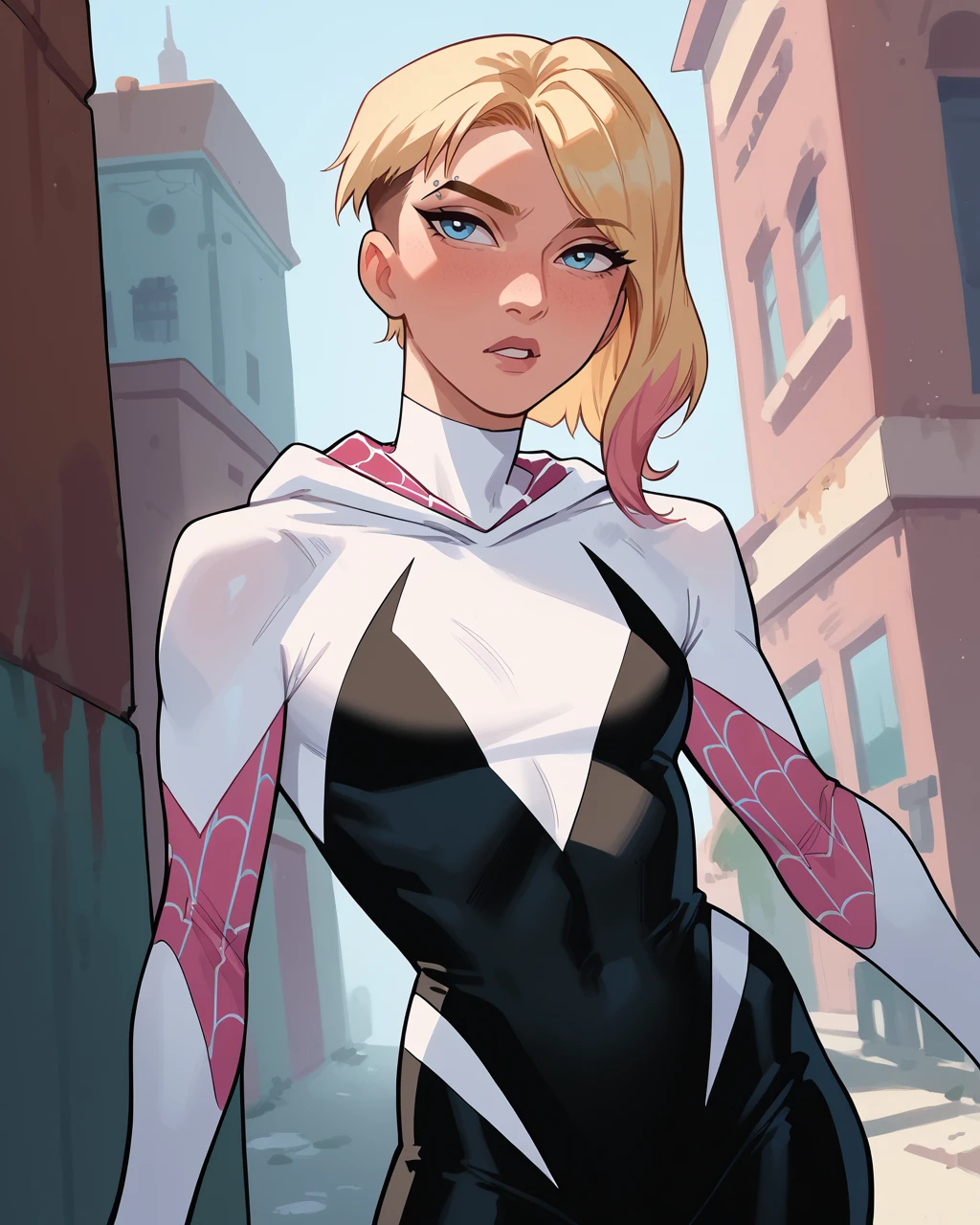 score_9, score_8_up, score_7_up, score_6_up, masterpiece, best quality, zPDXL3, zPDXLxxx, <lora:Kris_Anka_Style:1> krisanka, <lora:GwenStacyXL:0.8> gwenstacy, blonde hair, blue eyes, asymmetrical hair, eyebrow piercing, hooded bodysuit, spider web print, multicolored hair, cowboy shot,
