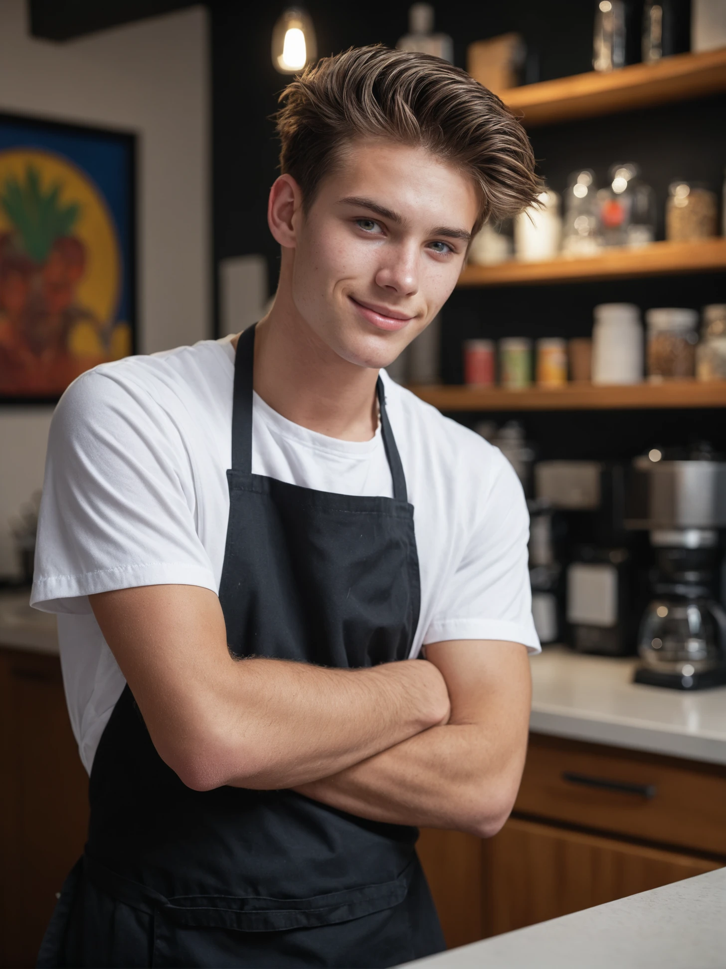 a photo, score_9, score_8_up, score_7_up, score_6_up, score_5_up, score_4_up, \(medium\), a 21-year-old heartthrob young man with a strong jawline and tousled hair, wearing a crisp white apron over his clothing and a friendly smile on his face. Hes working behind the counter at a trendy cafe, chatting with customers and preparing drinks, all while exuding a charming and confident demeanor. RAW photo, detailed photograph,8K,extreme photography,masterpiece,trending,pulls the viewer in,expert use of shading gives a 3d effect,(photorealistic:1.6),film grain,photographed on a Sony A7R IV,18mm F/1.7 cine lens,(highly detailed, intricately detailed),HDR,. shallow depth of field,vignette,highly detailed,vivid contrast and color,Hyperrealistic art cinematic film still photography in the style of detailed hyperrealism photoshoot,Ultra-HD-details, shallow depth of field, vignette, highly detailed, high budget, cinemascope, moody, epic, gorgeous, film grain, grainy <lora:add-detail-xl:0.8> midjourneyv6.1, rating_explicit, uncensored
