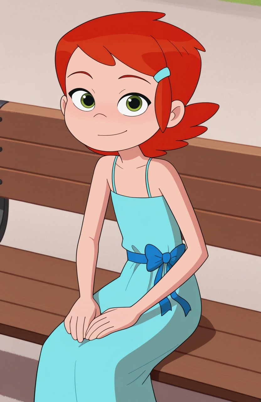masterpiece, best quality, 1girl, solo,
<lora:Gwen2016:1> gwen2016, orange hair, green eyes, sitting on bench, hands resting on bench, looking at viewer, eye visible, detailed hands, medium shot, relaxed expression,
aqua dress, spaghetti strap, bare shoulders, blue bow, sleeveless dress