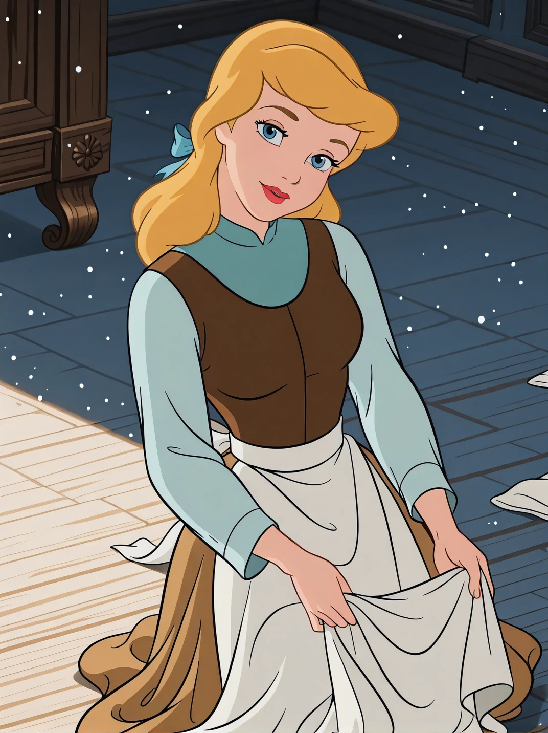 (official style:1.1), screencap, blurry background
1girl, medium breasts, (CinderellaXL:1.1), blonde hair, long hair, ribbon, blue eyes, makeup, red lips, brown dress, waist apron, long sleeves, shirt,
light smile, dutch angle, elegant pose, happy, looking at viewer, indoors, room, cleaning, holding cleaning rag, kneeling, on floor, light particles, daylight, portrait, dynamic pose, cowboy shot, head tilt, light particles, from above,
<lora:Cinderella-IL:1>