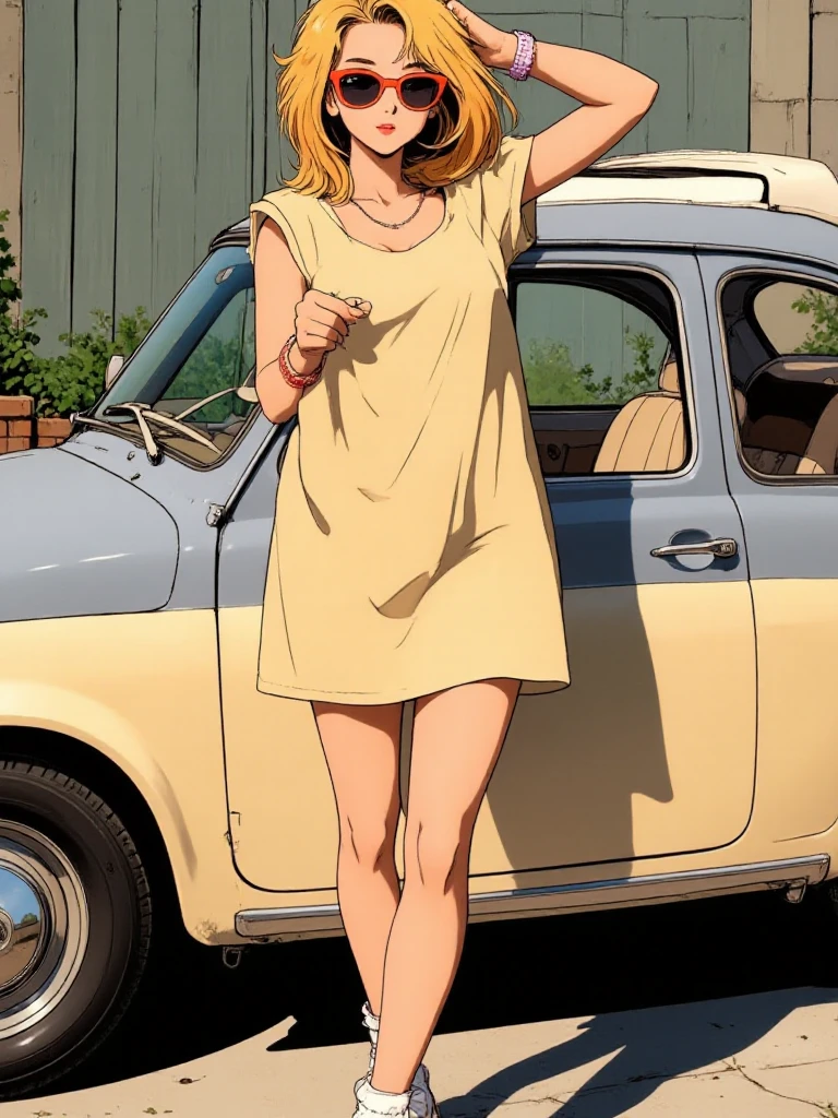 a blond woman wearing sunglasses and a dress is posing in front of a vintage fiat 500 <lora:80sAnime:0.9> 80sanime