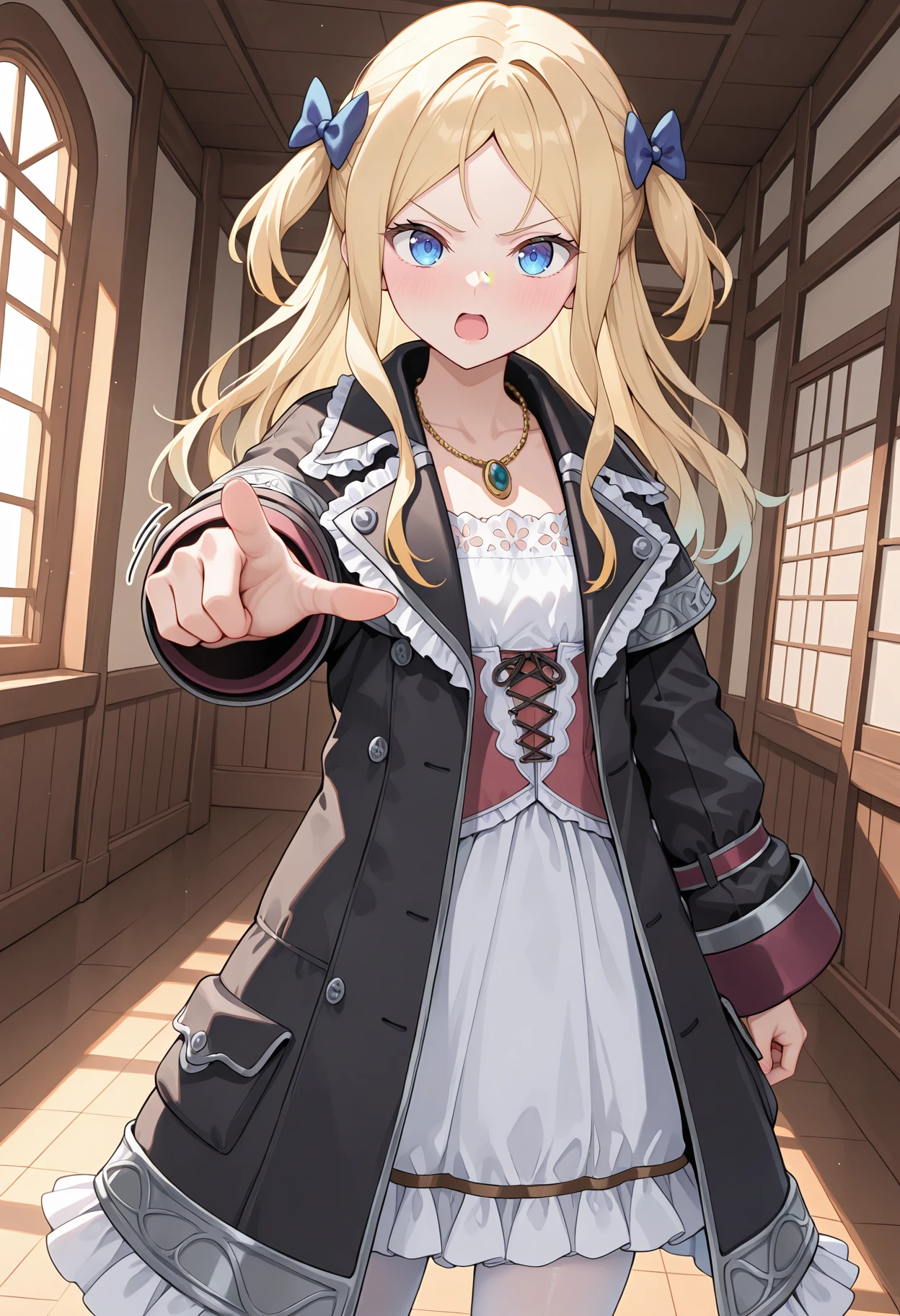 highres, best quality, masterpiece, indoors,
1girl, solo, atcuderia, long hair, blonde hair, hair bow, two-side up, blue bow,
acudrdef, necklace, white dress, red corset, black coat, open coat, white pantyhose,
looking at viewer, blush, serious,
standing, pointing at viewer, open mouth,
dutch angle, motion lines,
<lora:_cuderia_atelier-elesico-il10-000013:1>