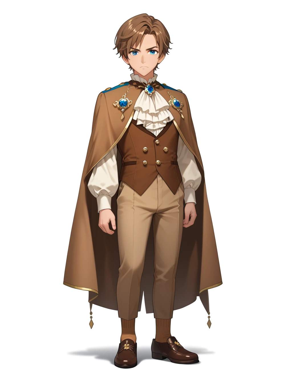 score_9, score_8_up, score_7_up, score_6_up, score_5_up, score_4_up BREAK, ouji fashion, 1boy, chibi, looking at viewer, frown, white background, blue eyes, short hair, brown hair, brooch, white shirt, brown vest, brown cape, brown pants, brown shoes, brown socks, frilled collar, full body, hand on own hip, (masterpiece, best quality, high quality, highres, ultra-detailed, top quality, official art), anime style, rating_safe
