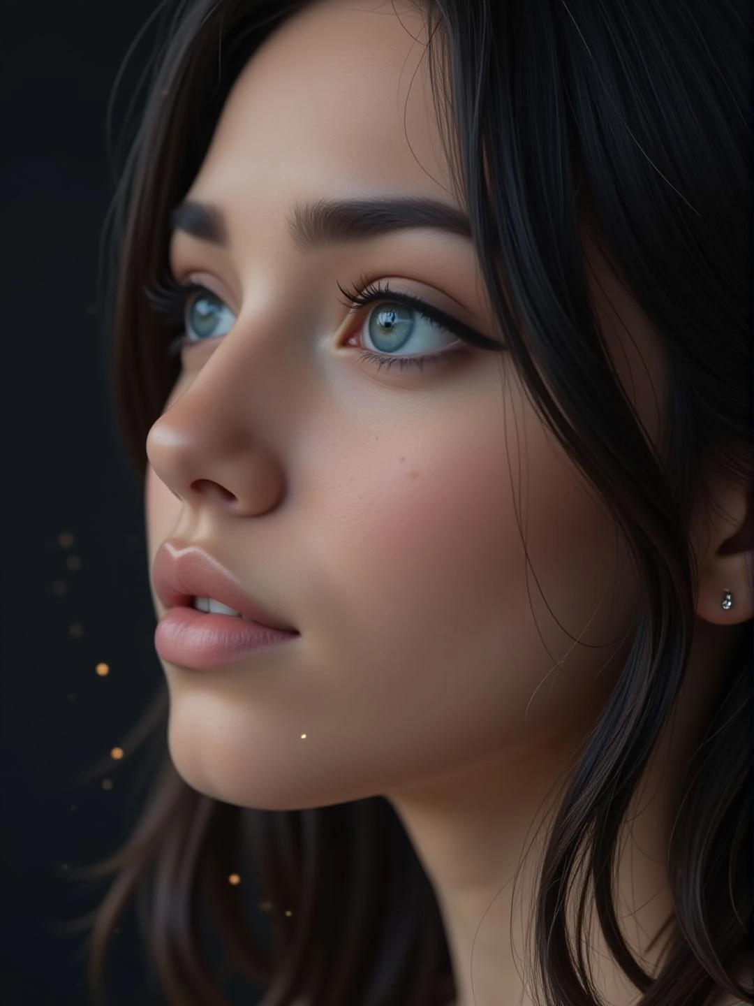 Sharp image, 4K, close up shot of a young woman face. There is a black wall behind her and magical floating particles. Eyeliner. Looking away, wide open eyes, <lora:woomy-1-flux:1> blue eye, black hair,